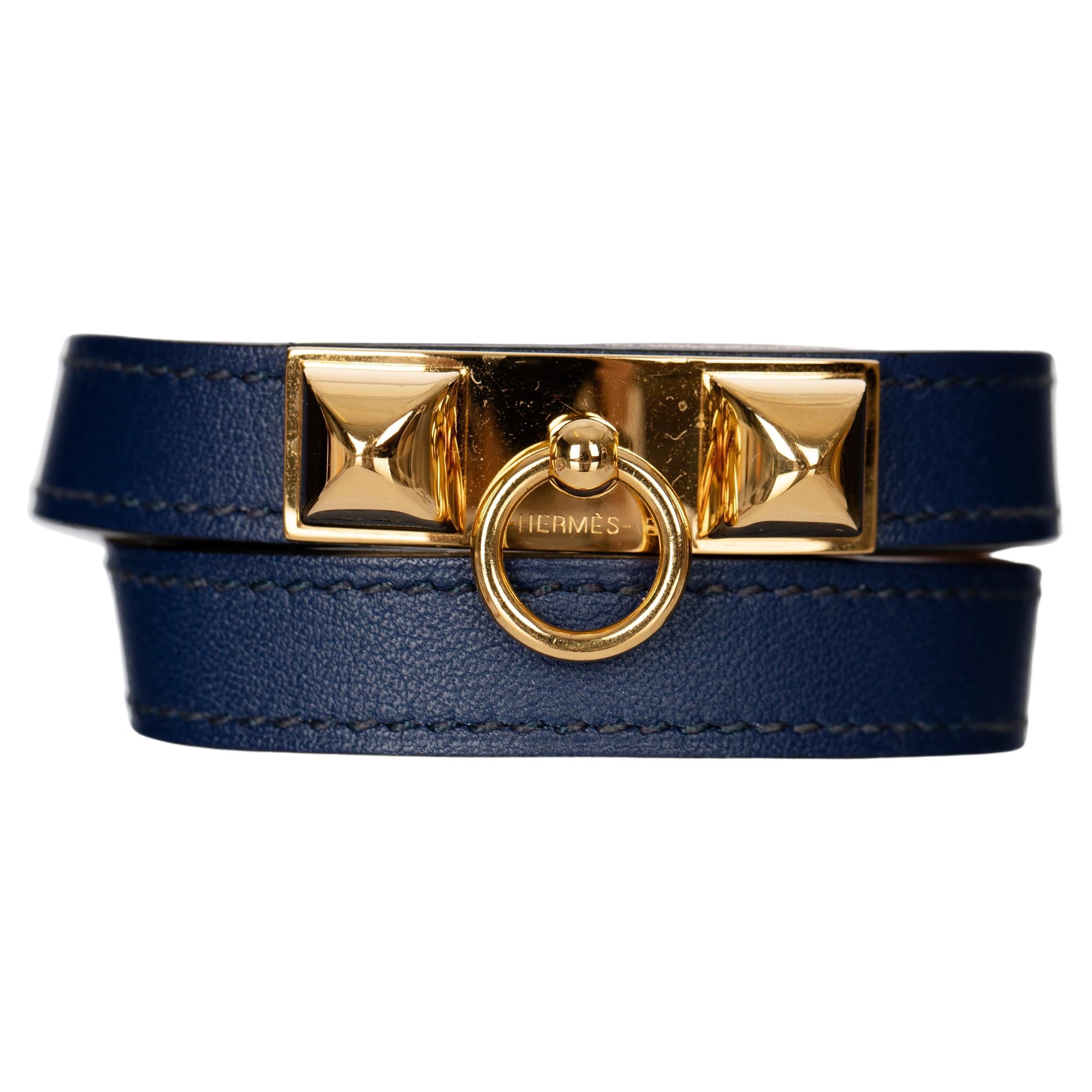 Hermes Rivale Double Tour Navy Bracelet With Gold Tone Hardware