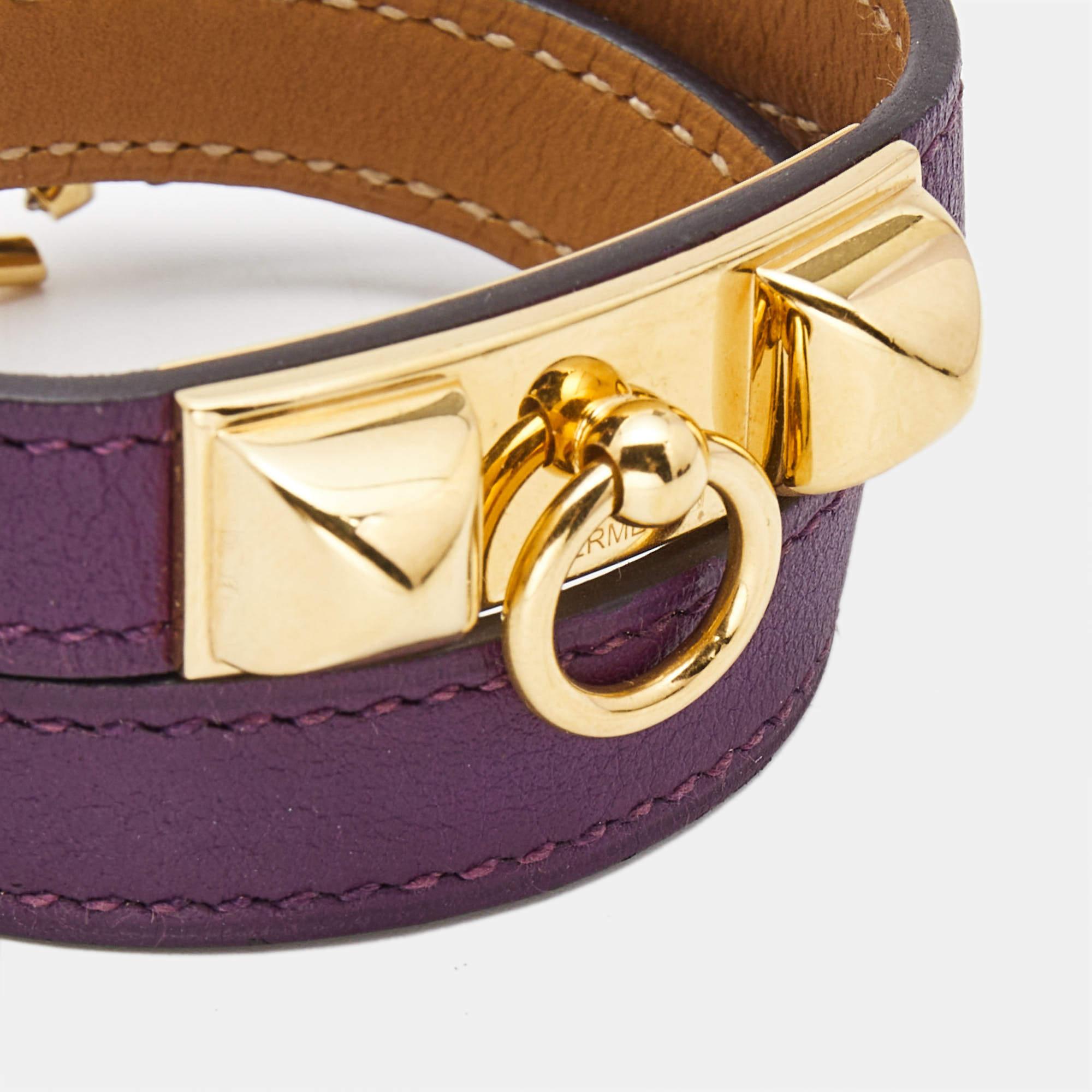 Hermès Rivale Leather Gold Plated Double Tour Bracelet In Good Condition In Dubai, Al Qouz 2