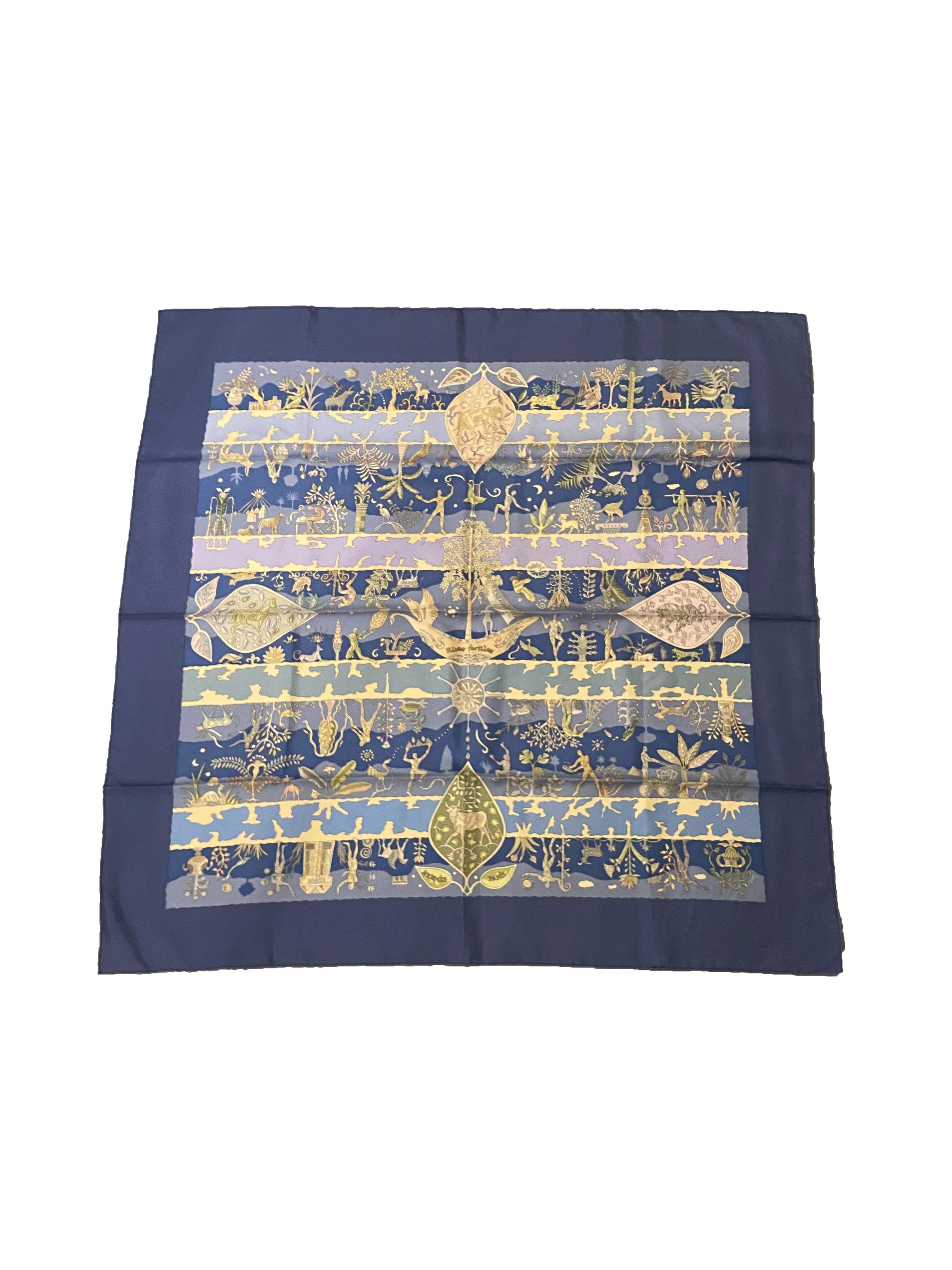 Silk scarf from Hermes. Designed by Christine Henry in 2005, a year designated by Hermes as The Year of The River, the design is inspired by the Fertile Crescent, featuring a scene of life and creativity along the riverbanks, together with an ornate