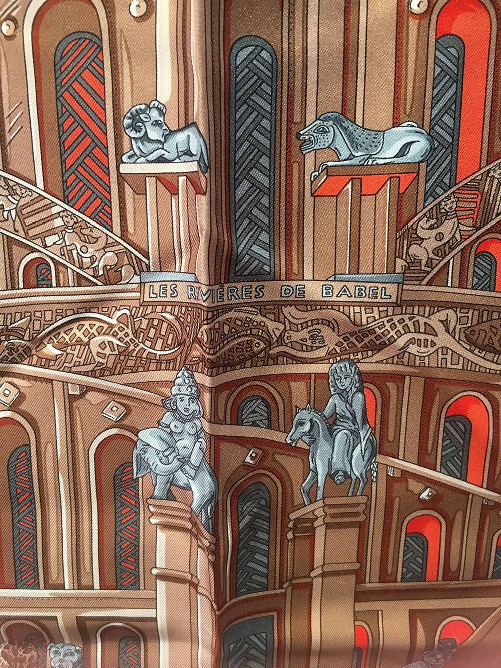 BEAUTIFUL Hermes rivieres de Babel silk scarf in excellent condition.  Original silk screen design c2005 by Annie Faivre features a stunning depiction of the tower of Babylon surrounded by an artistic rendition of the river of babel over a cream