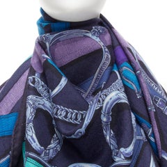 HERMES Robe du Soir navy blue chain link print cashmere silk scarf