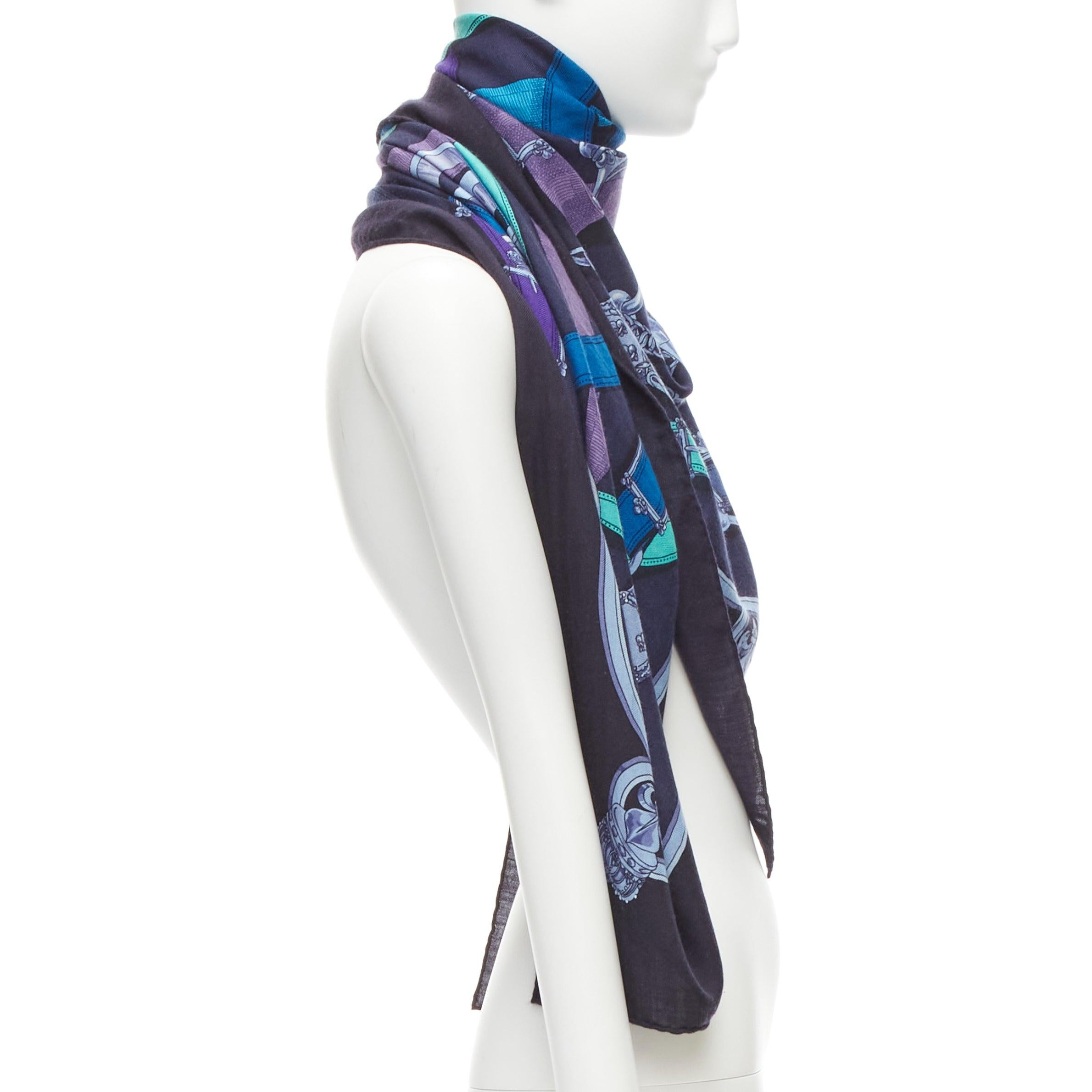 Women's HERMES Robe du Soir navy blue chain link print cashmere silk scarf