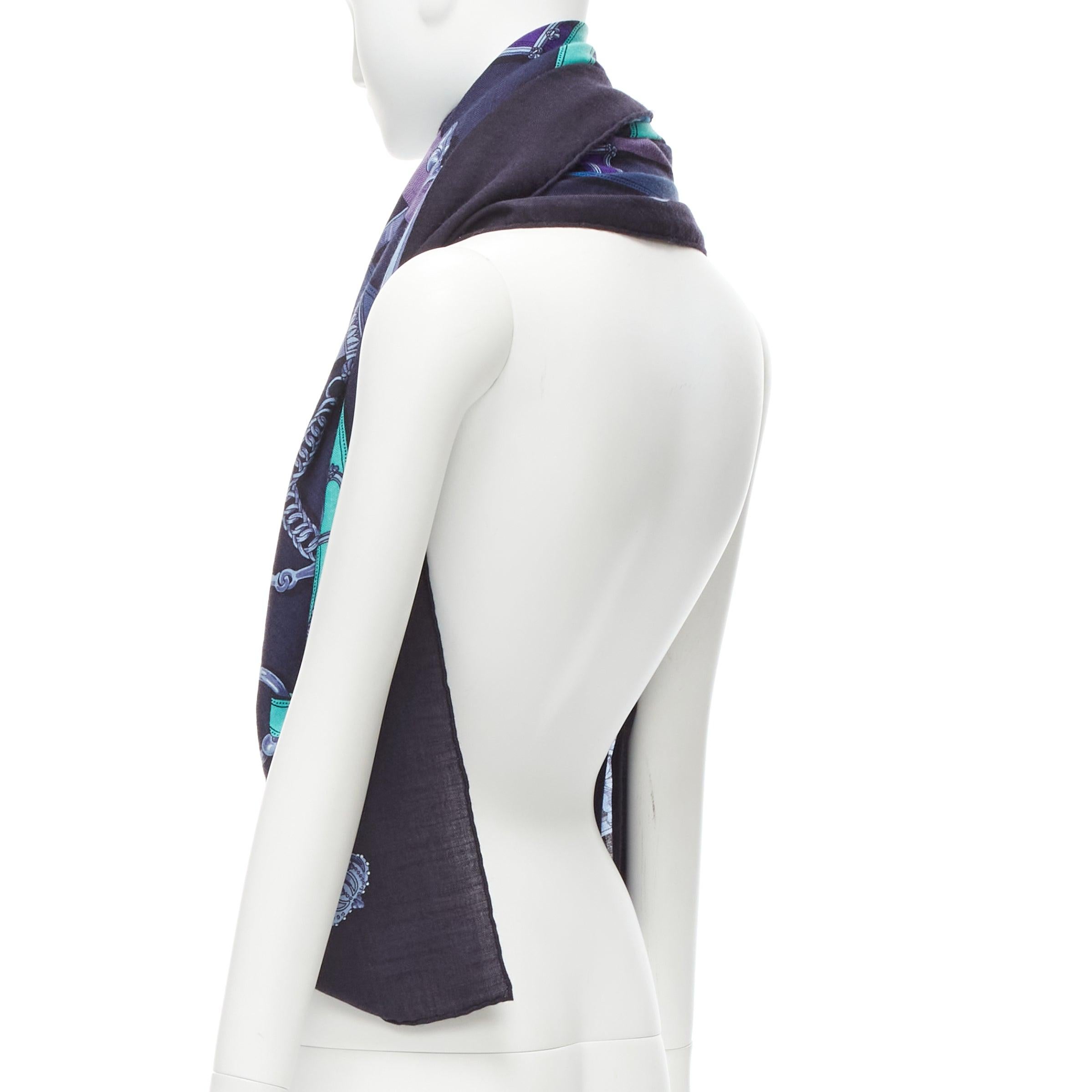 HERMES Robe du Soir navy blue chain link print cashmere silk scarf 2