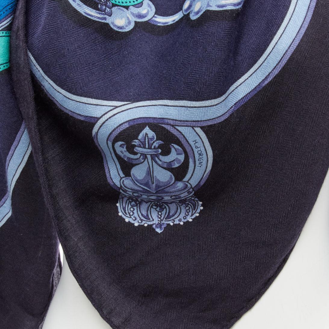 HERMES Robe du Soir navy blue chain link print cashmere silk scarf 3
