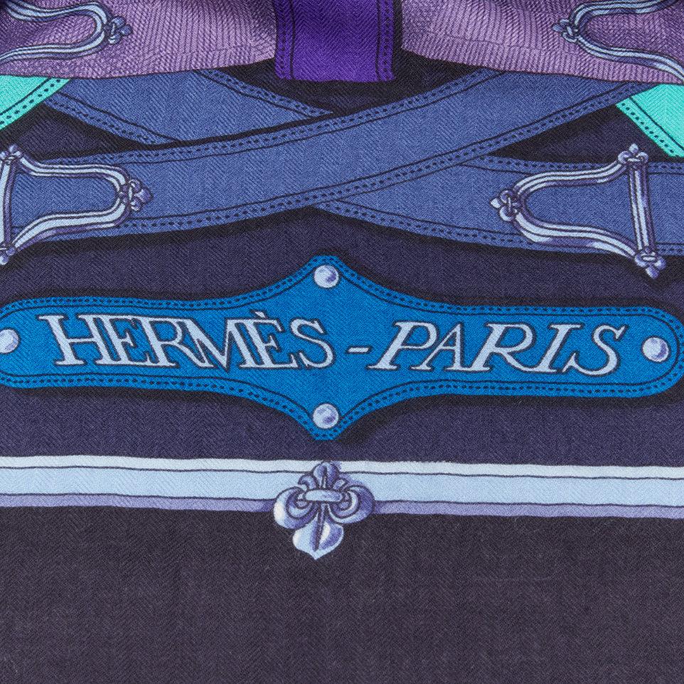 HERMES Robe du Soir navy blue chain link print cashmere silk scarf 5