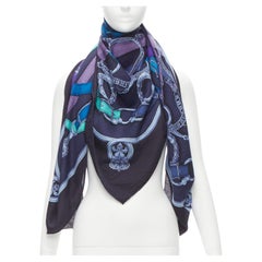 HERMES Robe du Soir navy blue chain link print cashmere silk scarf