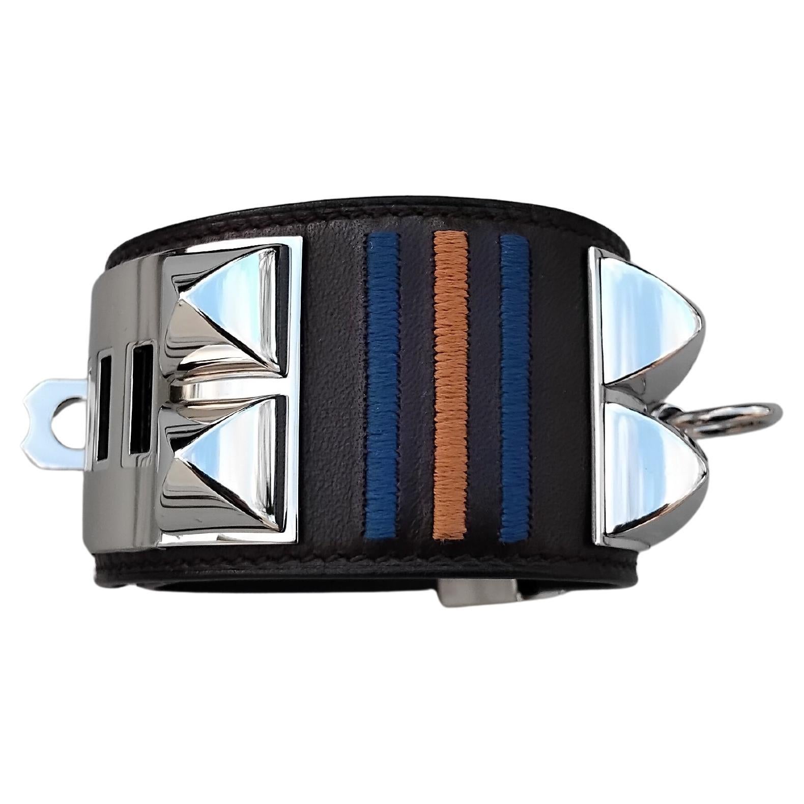Hermès Rocabar Ebène Cuir Palladium CDC Collier de Chien Bracelet Manchette en vente 7