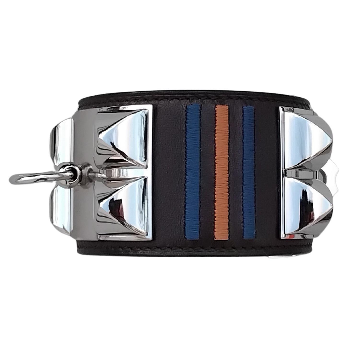 Hermès Rocabar Ebène Cuir Palladium CDC Collier de Chien Bracelet Manchette en vente 9