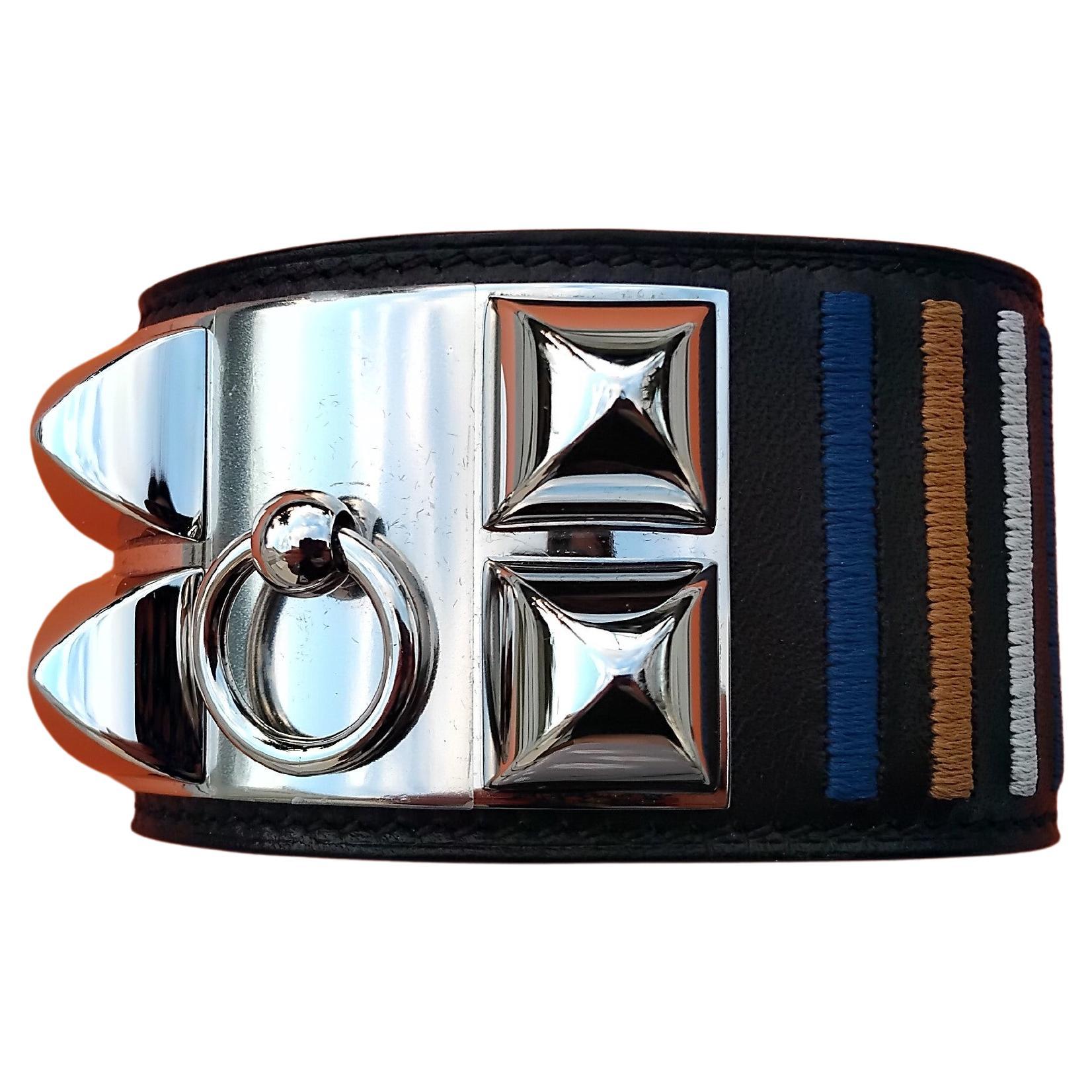 Hermès Rocabar Ebène Cuir Palladium CDC Collier de Chien Bracelet Manchette en vente 10