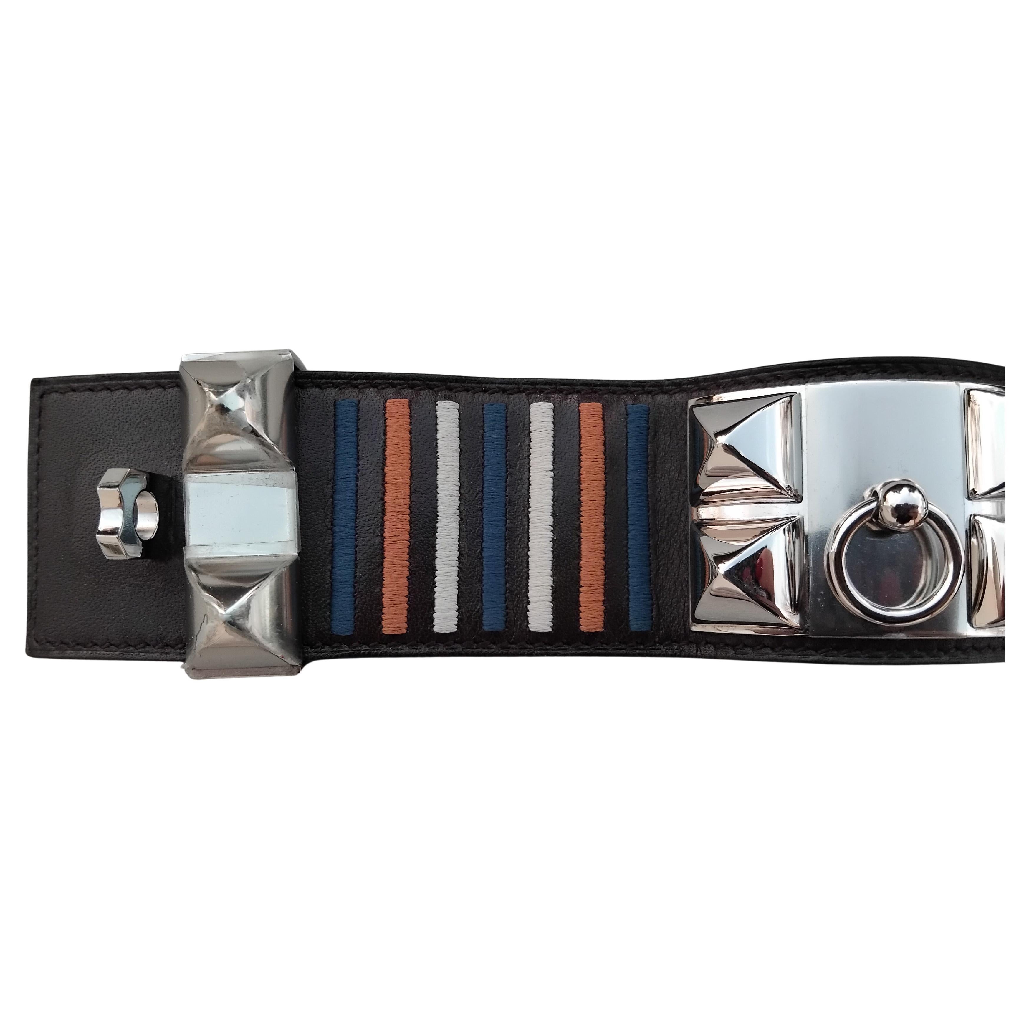 Hermès Rocabar Ebène Cuir Palladium CDC Collier de Chien Bracelet Manchette en vente 3