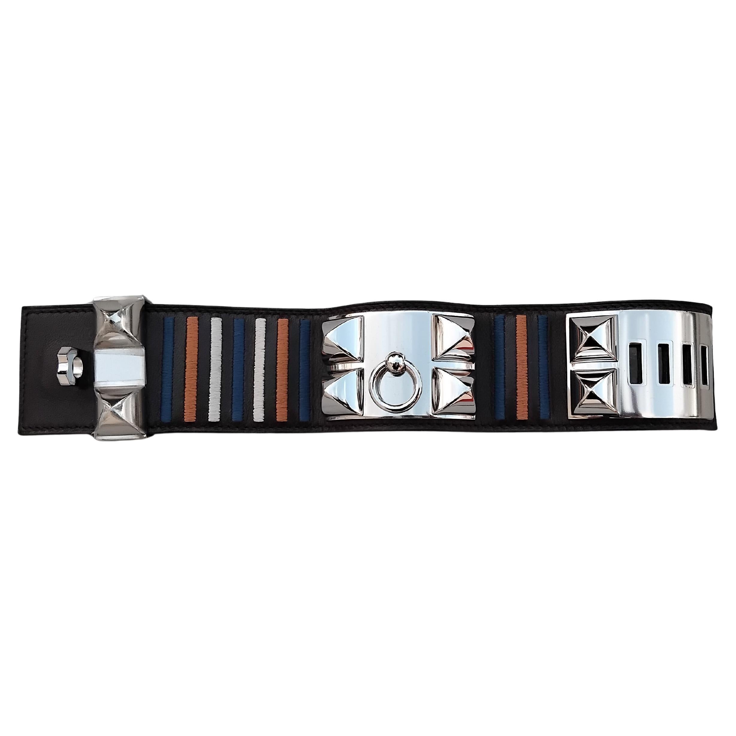 Hermès Rocabar Ebène Cuir Palladium CDC Collier de Chien Bracelet Manchette en vente 5