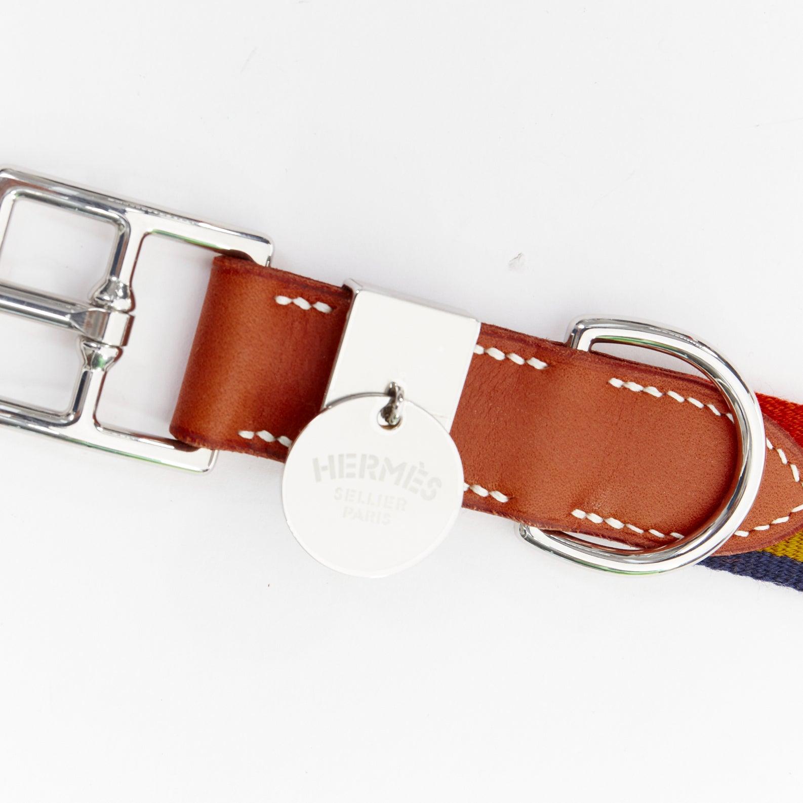HERMES Rocabar III Dog Collar brown leather PHW logo rainbow
Reference: KYCG/A00150
Brand: Hermes
Model: Rocabar III
Material: Leather, Fabric
Color: Brown, Multicolour
Pattern: Striped
Closure: Belt
Extra Details: Dog collar and harness in natural