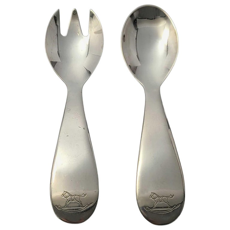 Hermes Rockinghorse Sterling Silver Child Fork and Spoon Feeding Set at