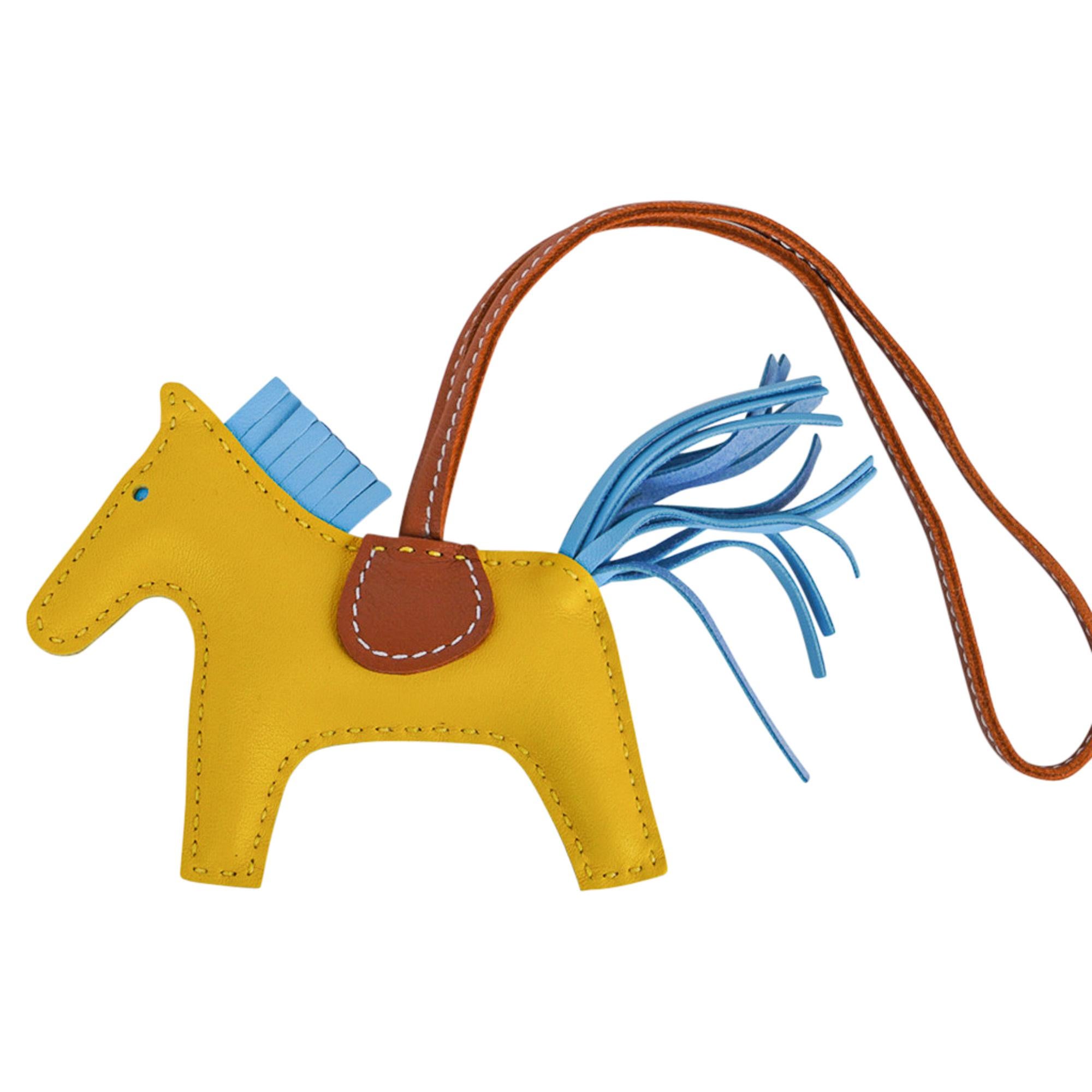 Yellow Hermes Rodeo PM Bag Charm Jaune de Naples / Blue Celeste  / Gold For Sale