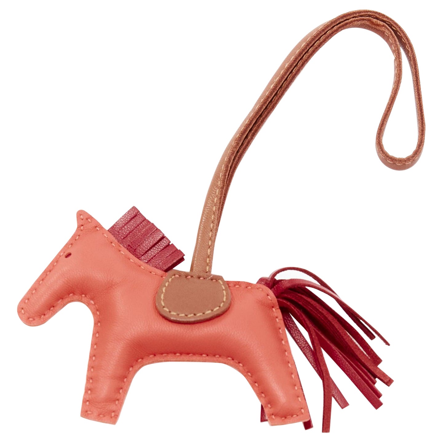 HERMES Rodeo PM red leather brown trim fringed tail horse bag charm