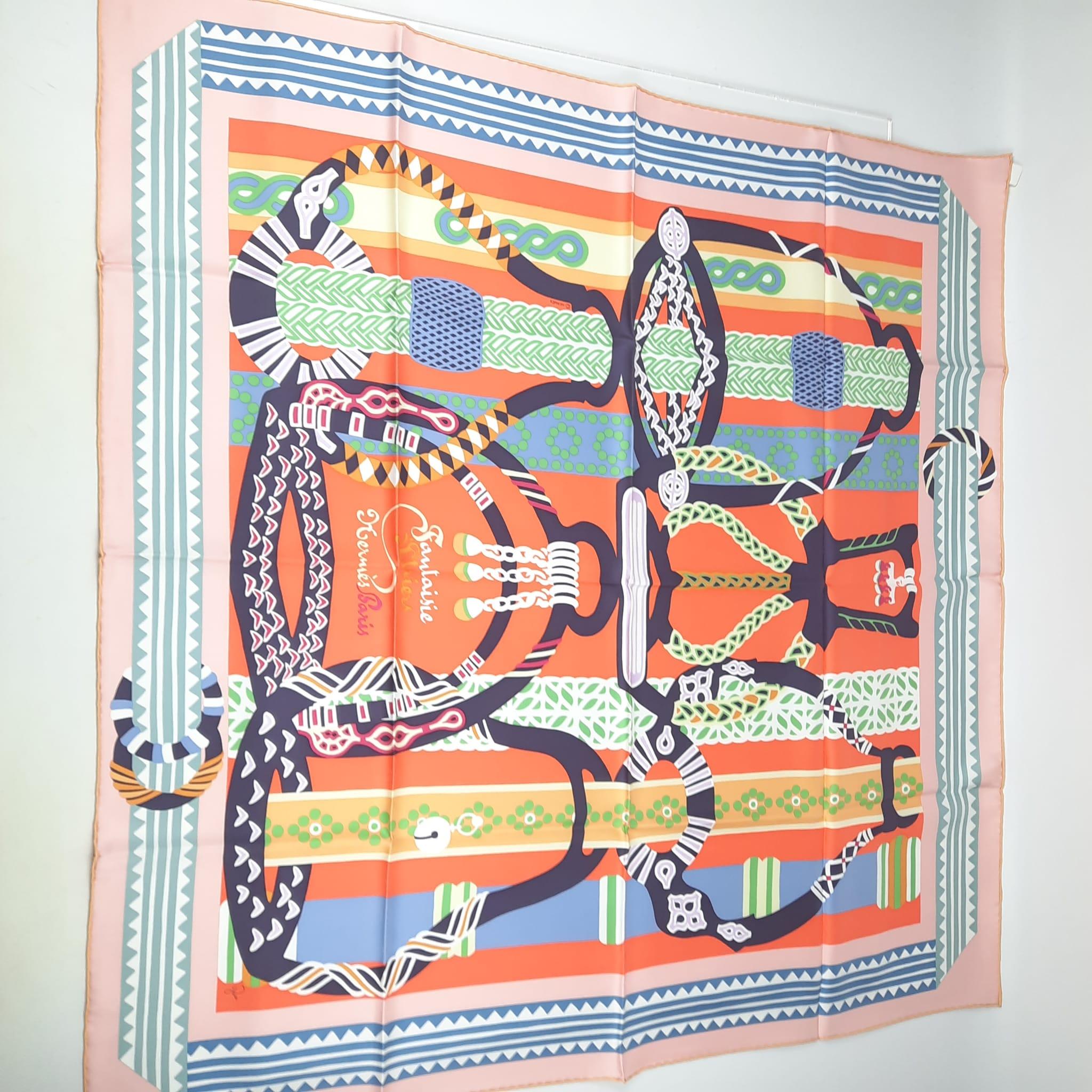 Hermes Rose / Abricot / Bleu Fantaisie d'Etriers scarf 90 In New Condition In Nicosia, CY