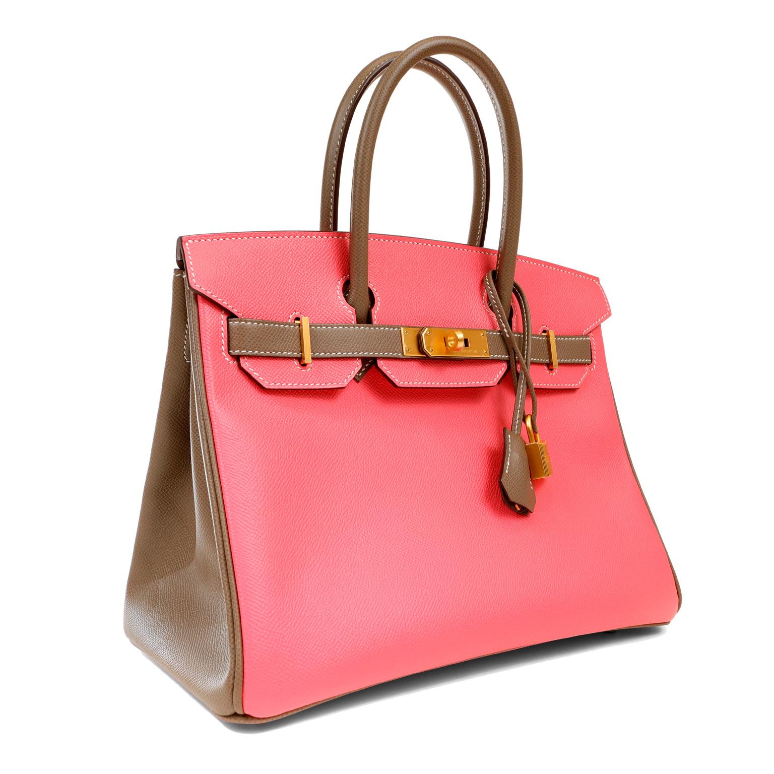 This authentic Hermès Rose and Etoupe Epsom 30 cm Horseshoe Birkin is in pristine unworn condition; the protective plastic is still intact on the hardware.    Considered the ultimate luxury item, the Hermès Birkin is stitched by hand. Waitlists