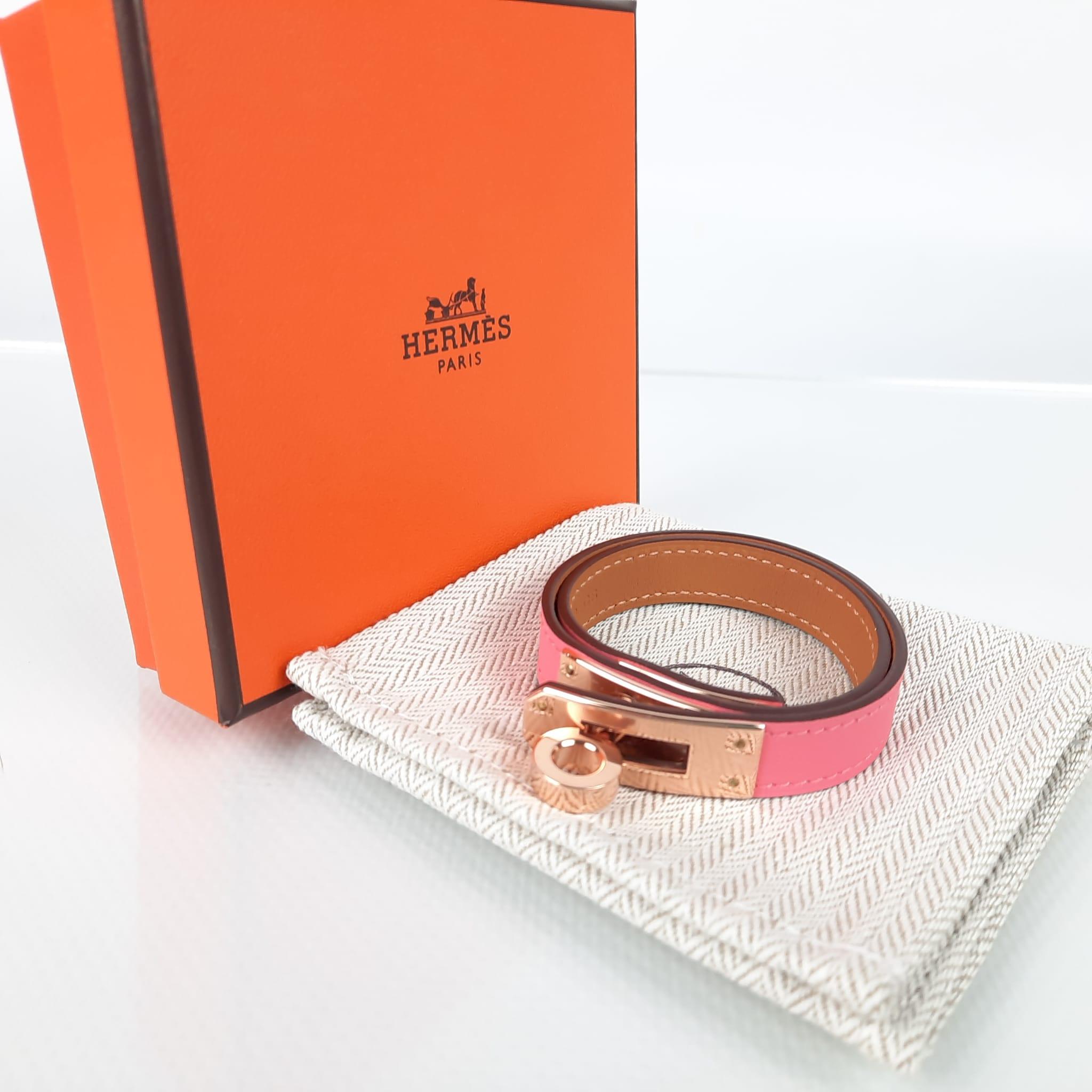 Hermes bracelet  Kelly Double Tour Rose Azalée  Size T2 For Sale 1