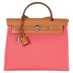 Hermès Rose Azalee Natural Vache Hunter Toile Herbag Zip 31 PM PHW