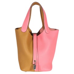 Hermès Rose Azalee Sesame Clemence Casaque Picotin Lock 18 PHW