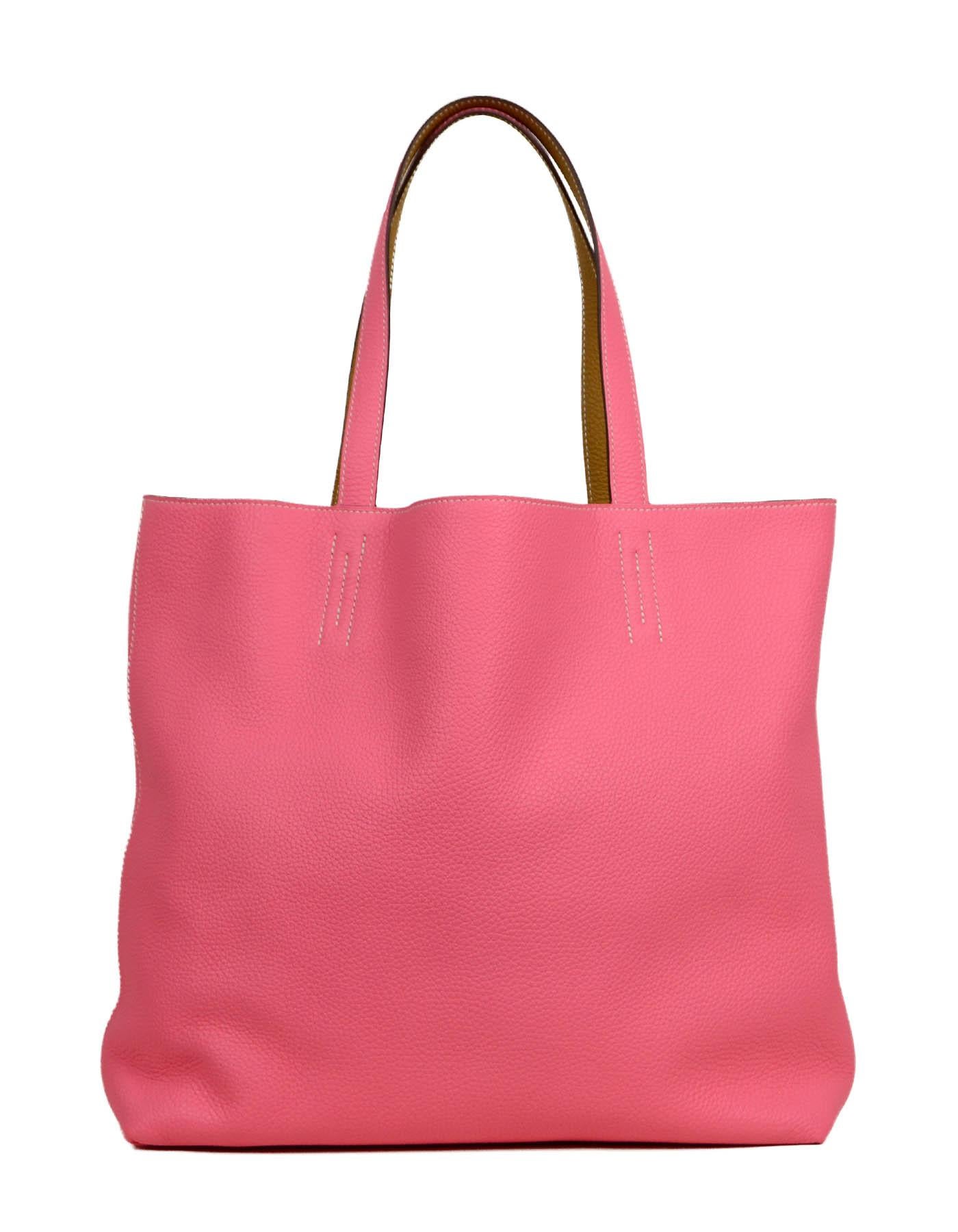 Hermes Rose Azalee/ Sesame Reversible Taurillon Clemence Leather Double Sens 36 Tote Bag

Made In: France
Year of Production: 2020
Color: Roze azalee pink and sesame camel
Hardware: None
Materials: Taurillon clemence leather
Lining: Taurillon