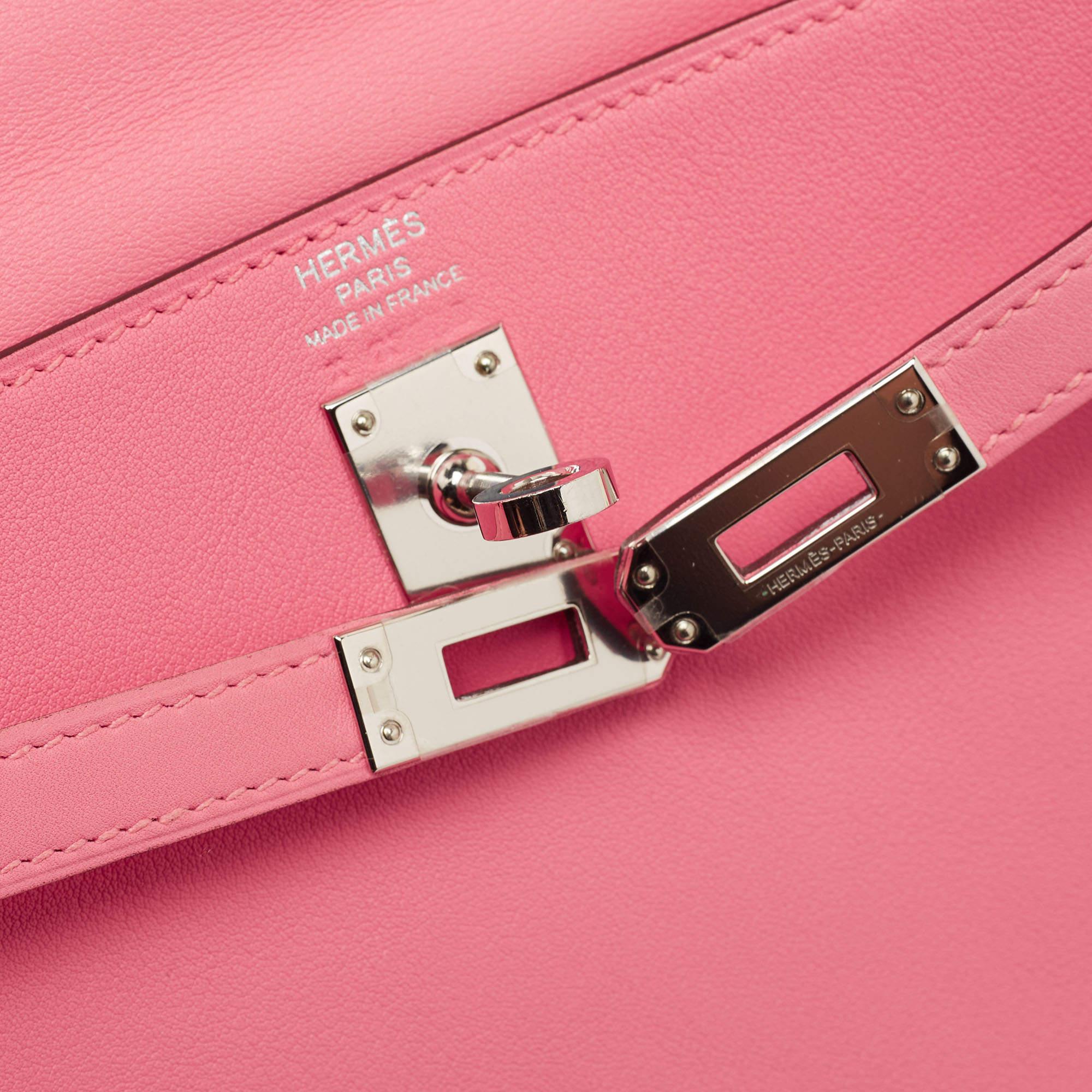 Hermès Rose Azalee Swift Leather Palladium Finish Kelly Retourne 25 Bag 12
