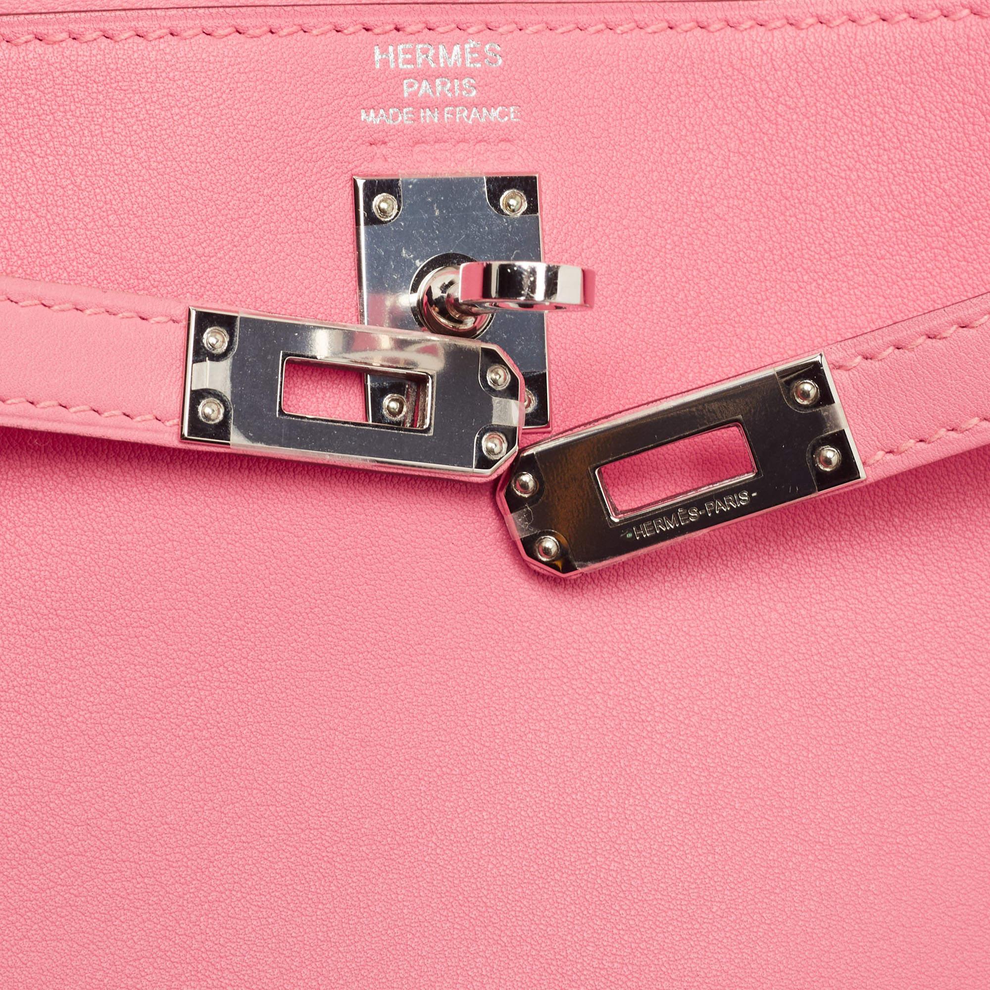 Hermès Rose Azalee Swift Leather Palladium Finish Kelly Retourne 25 Bag 14
