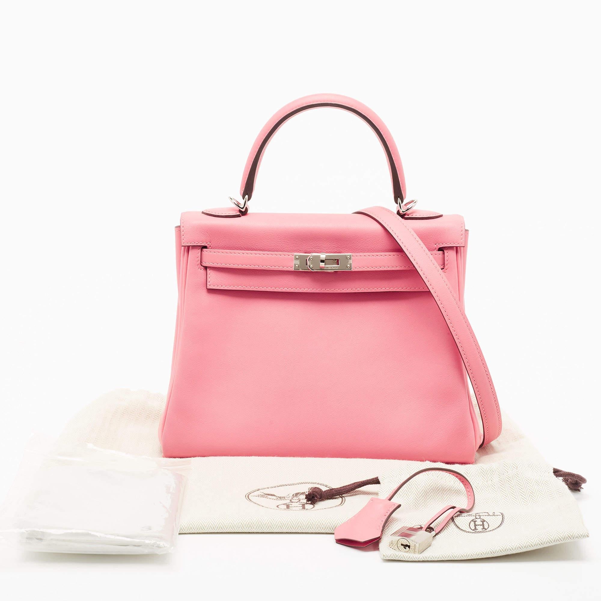 Hermès Rose Azalee Swift Leather Palladium Finish Kelly Retourne 25 Bag 16