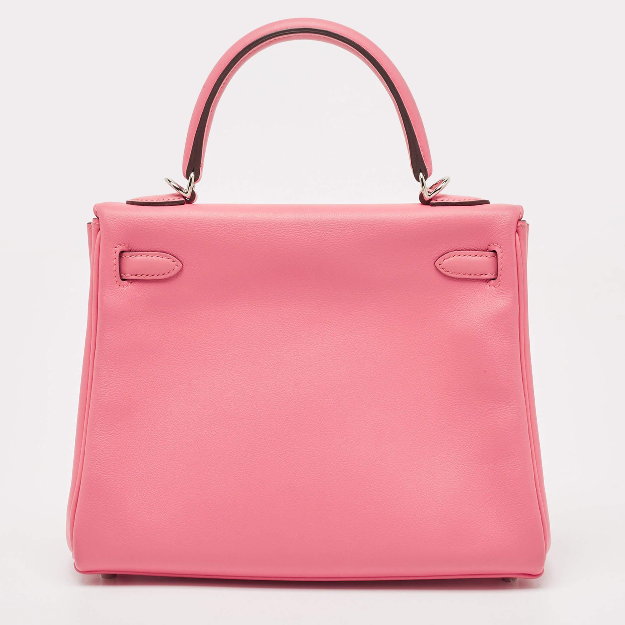 Women's Hermès Rose Azalee Swift Leather Palladium Finish Kelly Retourne 25 Bag