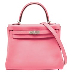 Hermès Rose Azalee Swift Leather Palladium Finish Kelly Retourne 25 Bag