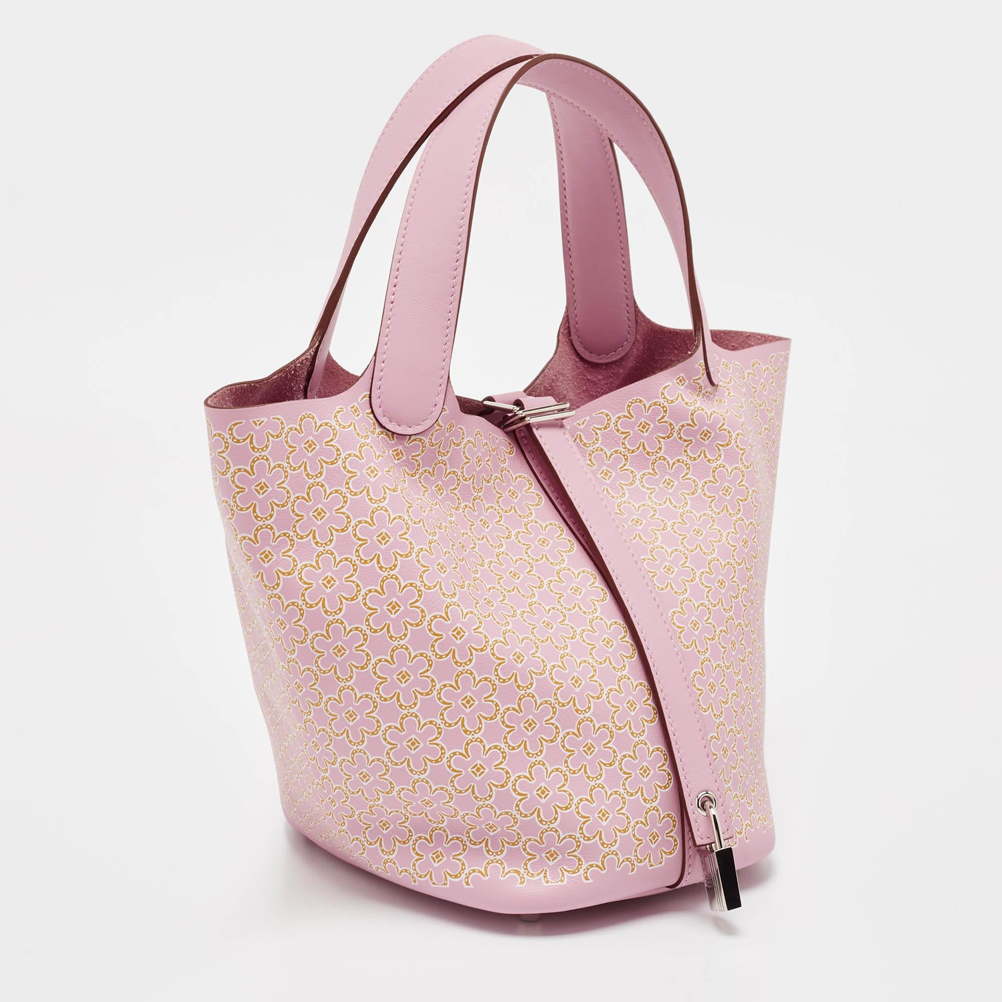 Beige Hermes Rose/Chai/Blanc Swift Leather Lucky Daisy Picotin Lock 18 Bag