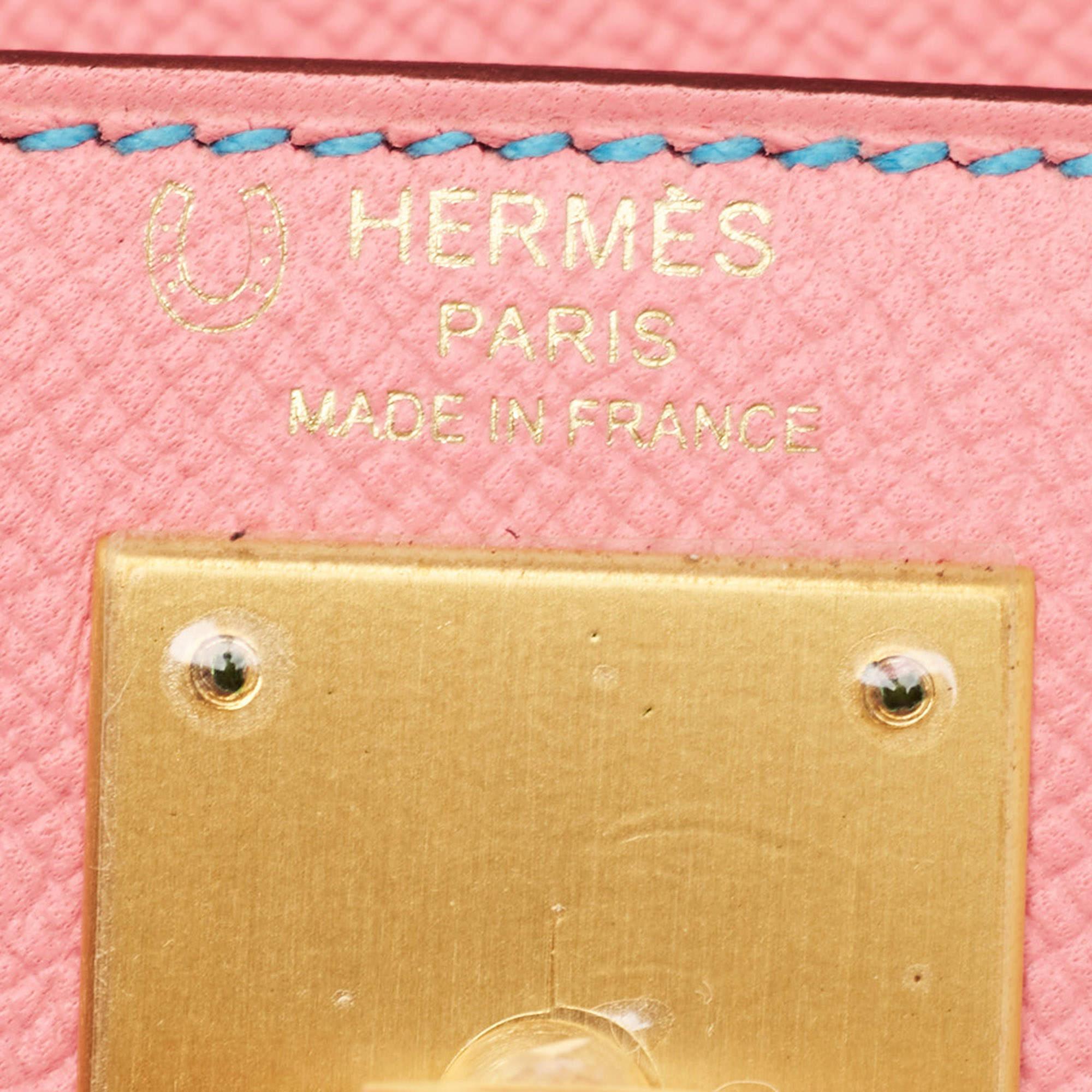 Hermes Rose Confetti/Mykonos/Blanc Epsom Leather Brushed Gold Finish Kelly Selli 6