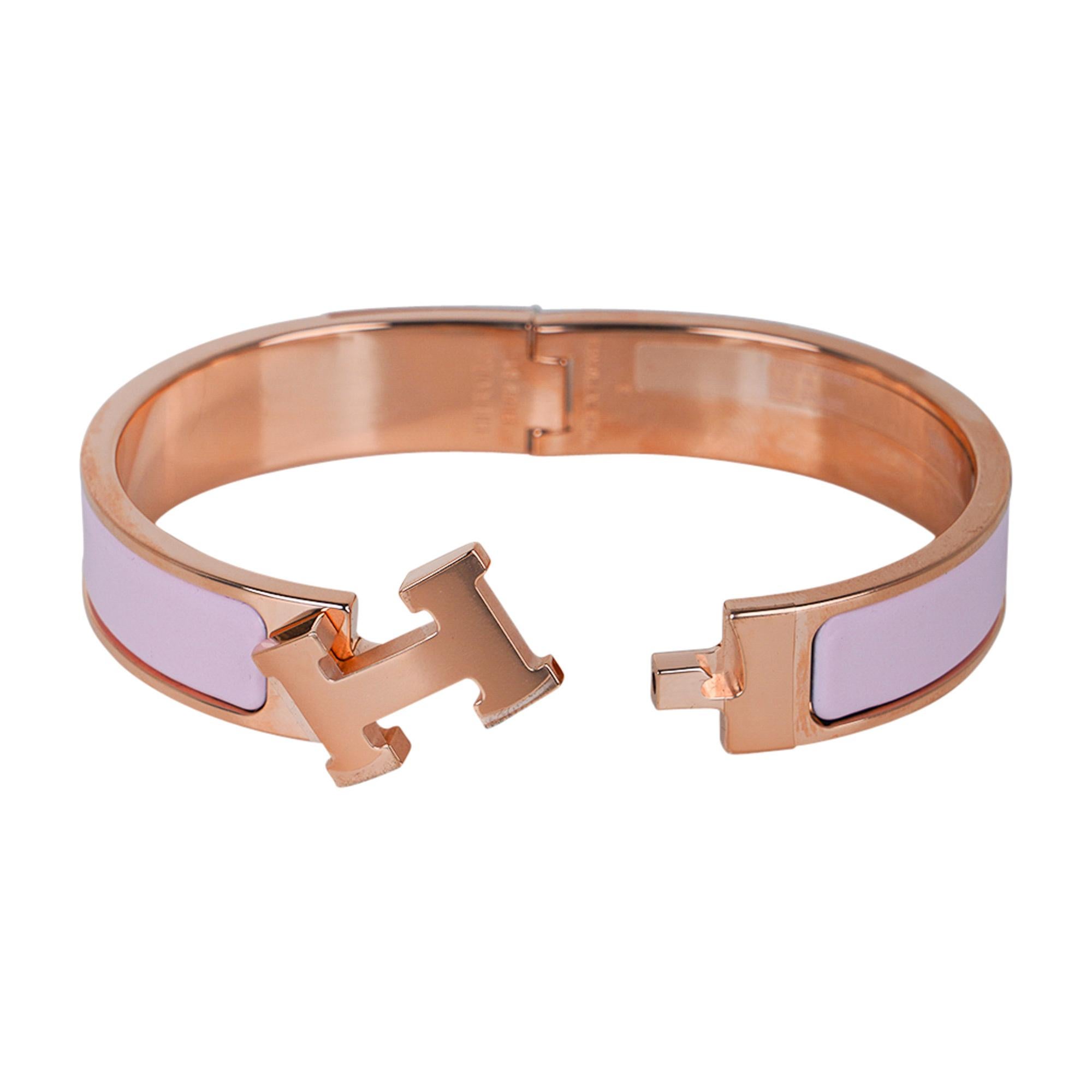 Hermes Rose Dragee Clic Clac H Narrow Enamel Bracelet Rose Gold PM In New Condition For Sale In Miami, FL