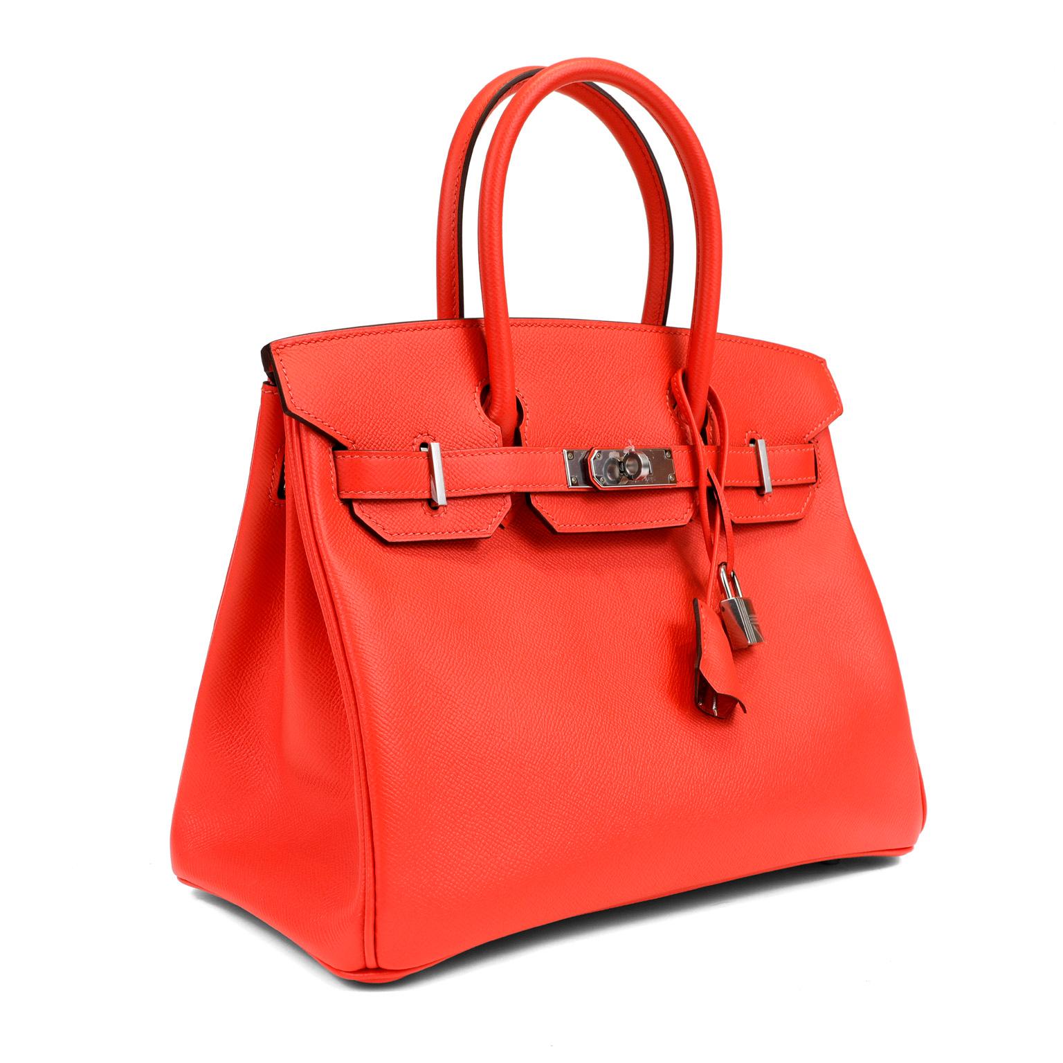 This authentic Hermès Rose Epsom 30 cm Birkin is in pristine unworn condition; the protective plastic is still intact on the hardware.    Considered the ultimate luxury item, the Hermès Birkin is stitched by hand. Waitlists are commonplace.   Rose