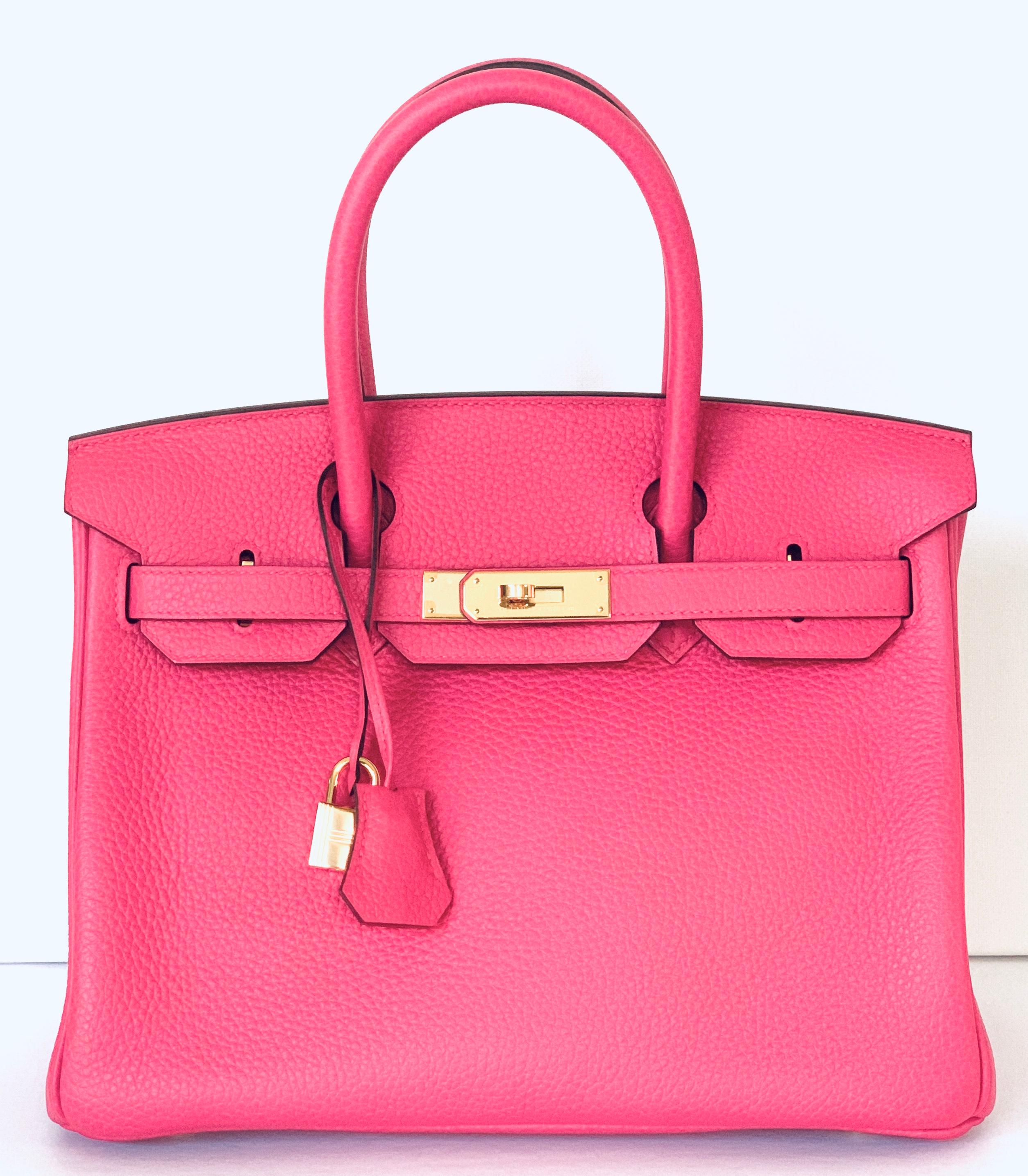 Hermès Rose Extreme  Birkin 30cm Gold Hardware
New Color Rose Extreme Pink
Taurillon Clemence leather
Gold Hardware
Stunning new Birkin
This new color is amazing done in Clemence leather! So brilliant!
Tonal stitching, two straps with front toggle