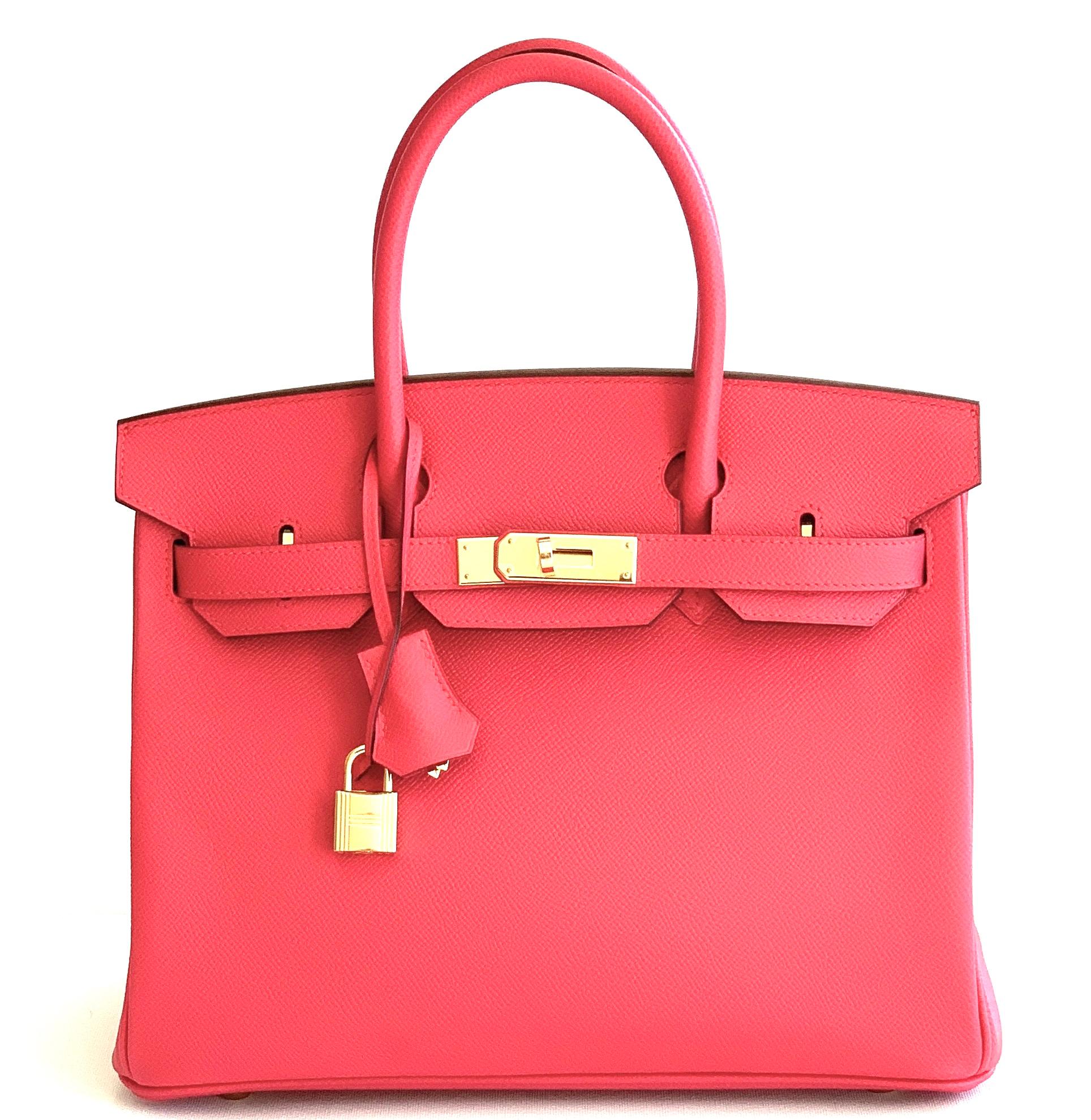 Hermès Rose Extreme Epsom Birkin 30cm Gold Hardware
New Color Rose Extreme Pink
Epsom leather
Gold Hardware
Stunning new Birkin
Tonal stitching, two straps with front toggle closure, clochette with lock and two keys and double rolled handles.
Approx