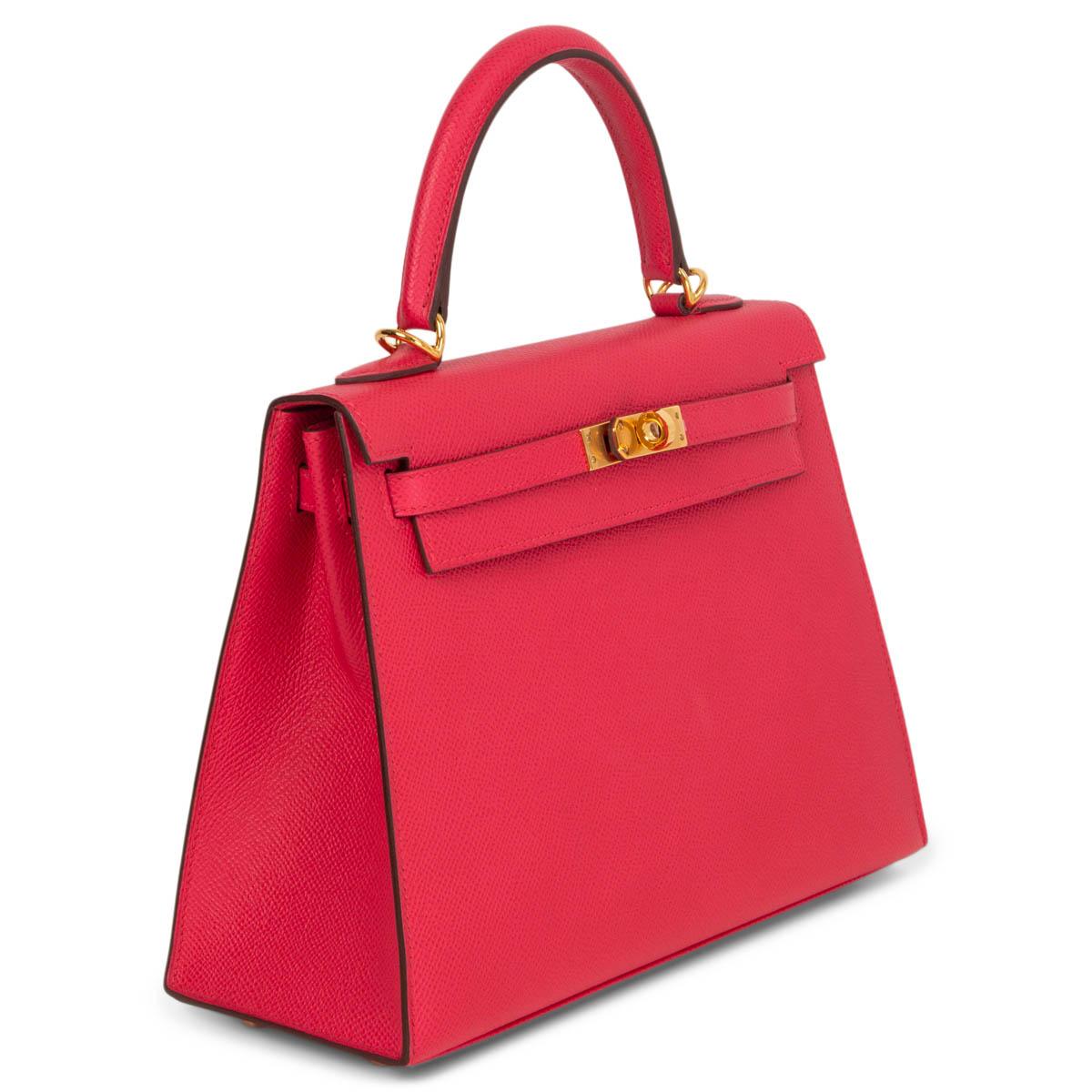 100% authentic Hermes 'Kelly 25 Sellier' bag in Rose Extreme (hot pink) Veau Epsom leather with gold-plated hardware. Lined in Chevre (goat skin) with two open pockets against the front and a zipper pocket against the back. Brand new. Comes with