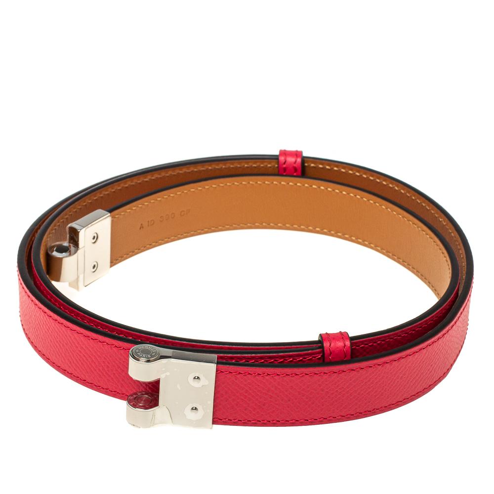 Accessorise like a style icon using this amazing Charniere belt by Hermes. The piece is crafted from leather in a pink hue and completed with a silver-tone push-lock that seamlessly fastens it.

Includes: Original Dustbag, Original Box, Shopping Bag
