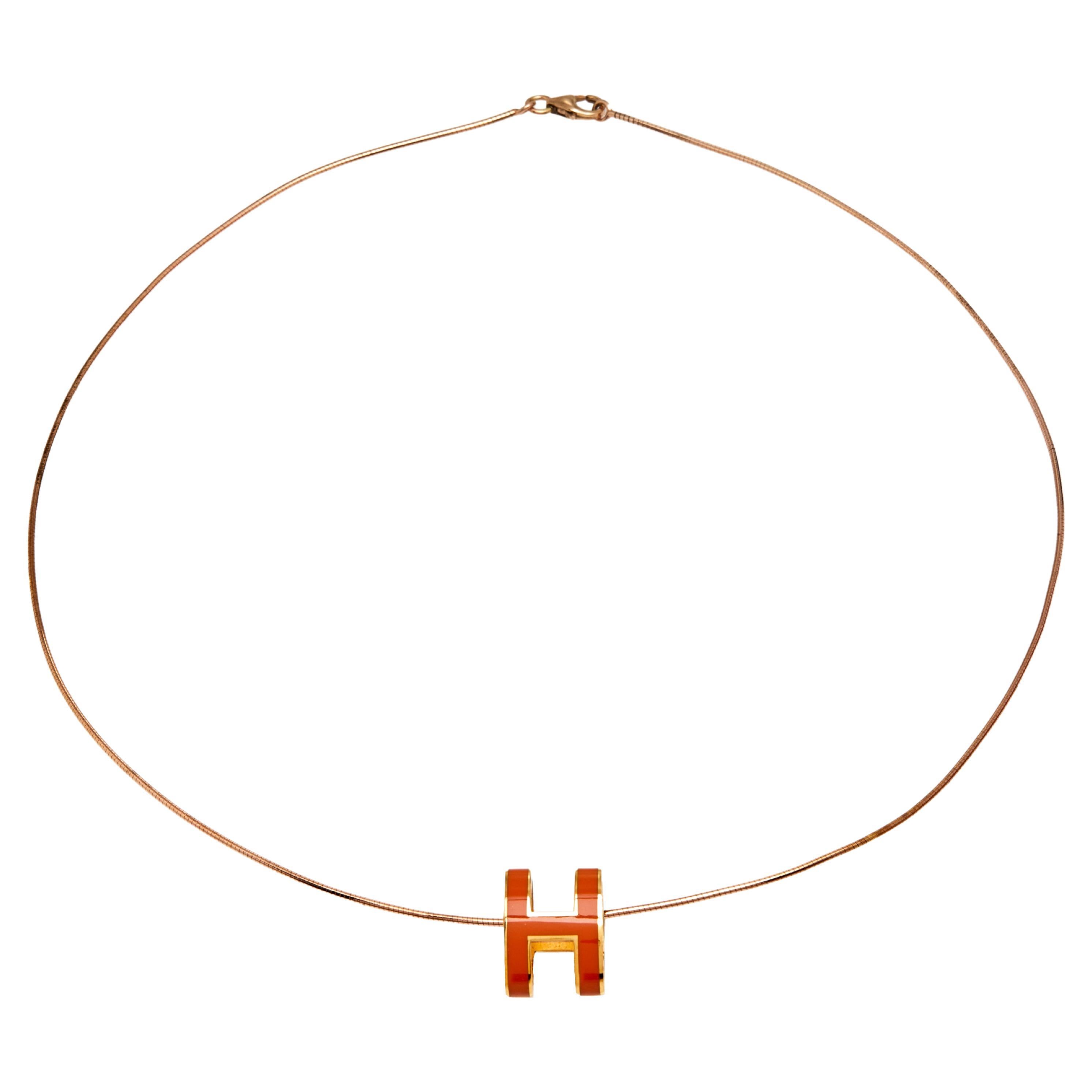 Hermès Rose Gold Plated Omega Chain Orange Lacquer Pop H Pendant Necklace