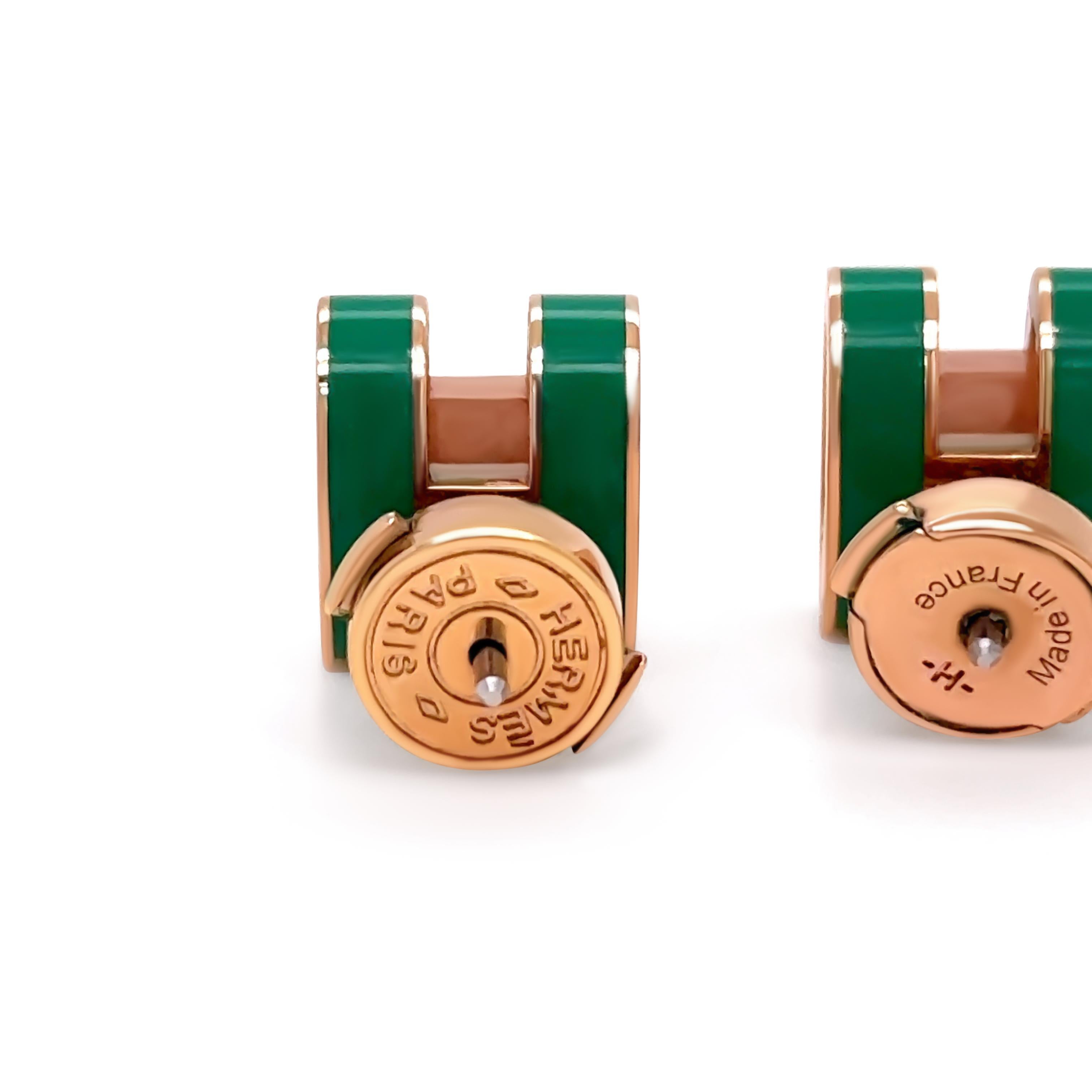 Hermès Rose Gold-Plated Pop H Earrings with Green Malachite Lacquer In Excellent Condition In SYDNEY, NSW