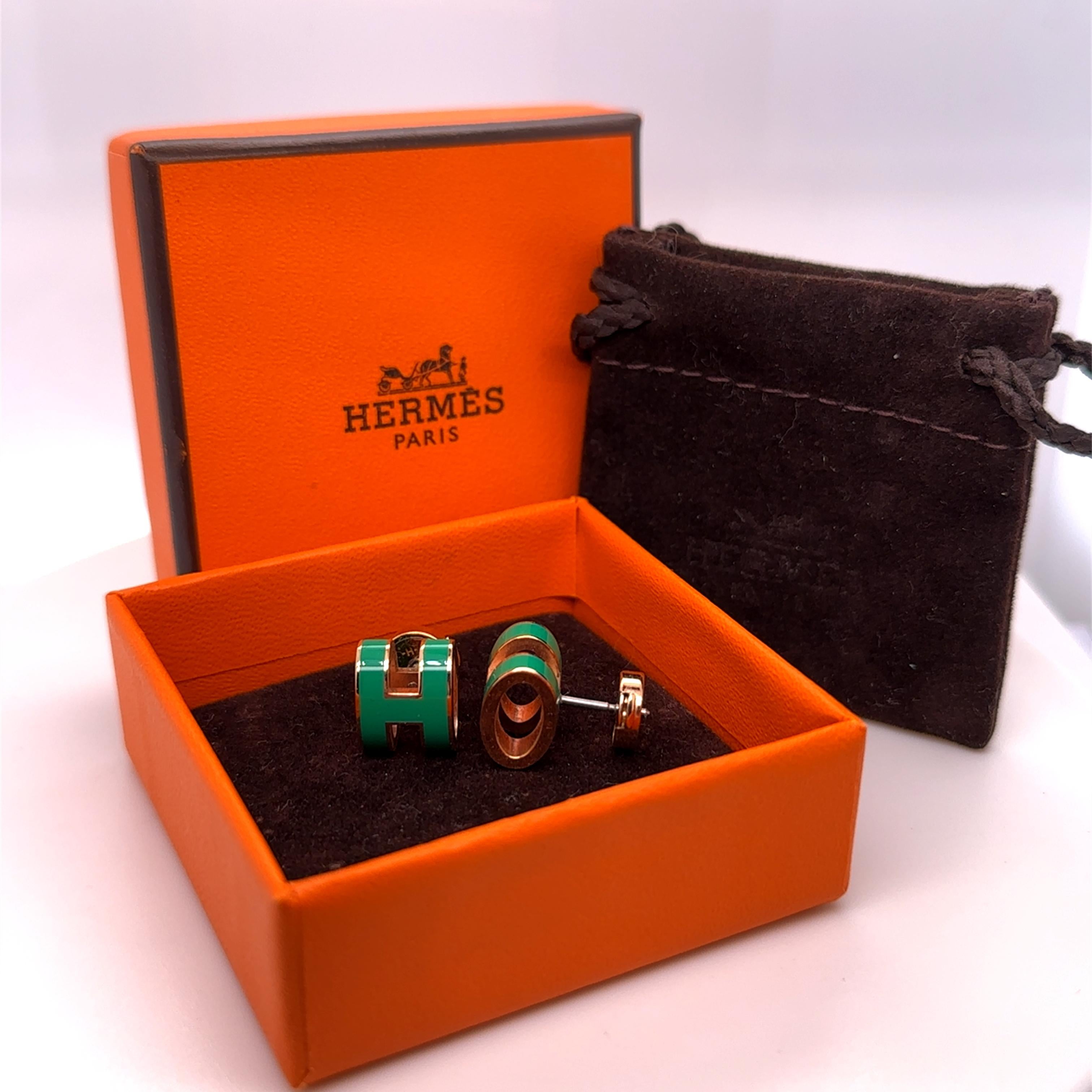 Hermès Rose Gold-Plated Pop H Earrings with Green Malachite Lacquer 1
