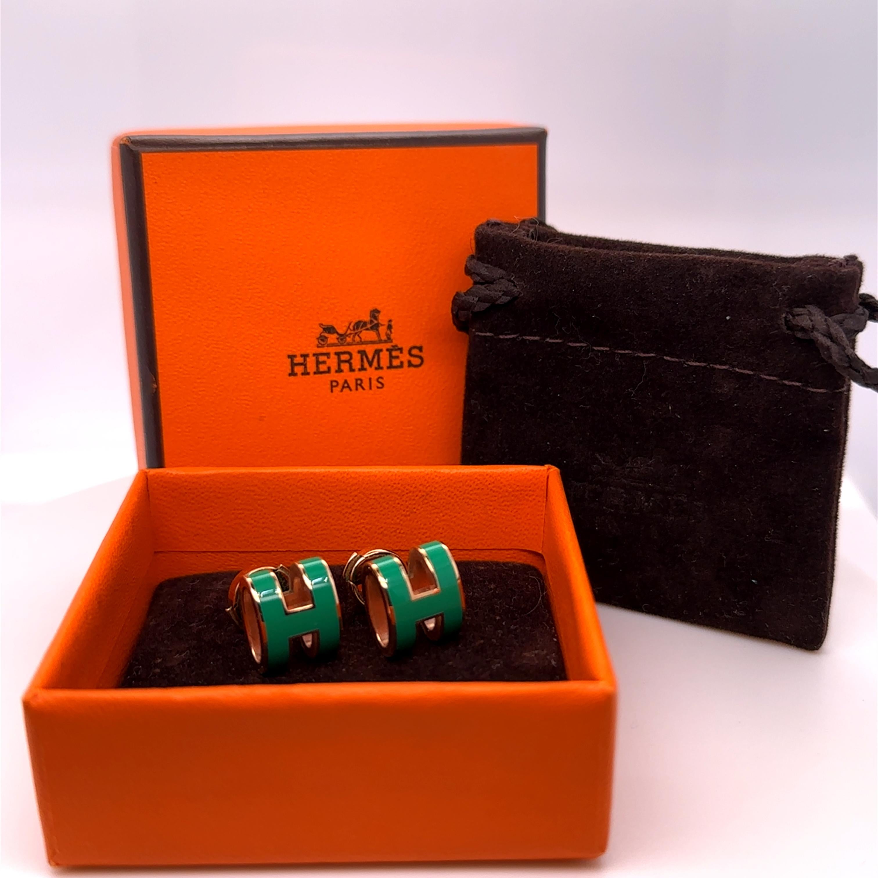 Hermès Rose Gold-Plated Pop H Earrings with Green Malachite Lacquer 2