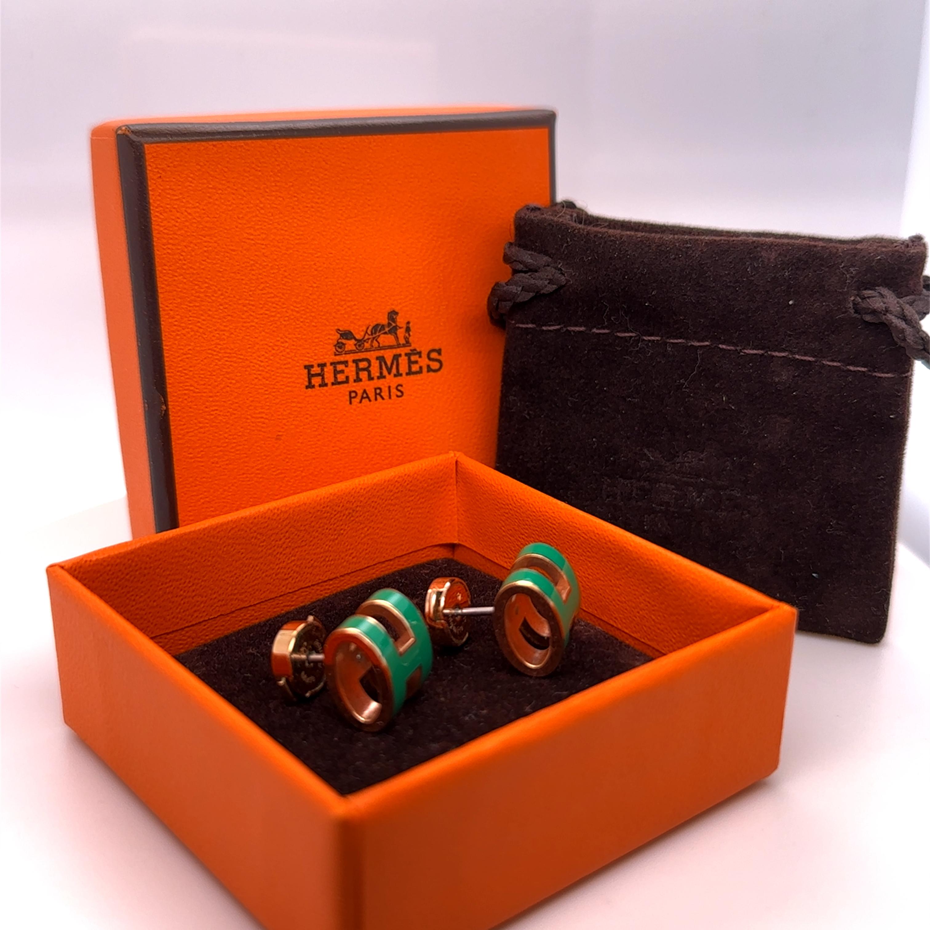 Hermès Rose Gold-Plated Pop H Earrings with Green Malachite Lacquer 3