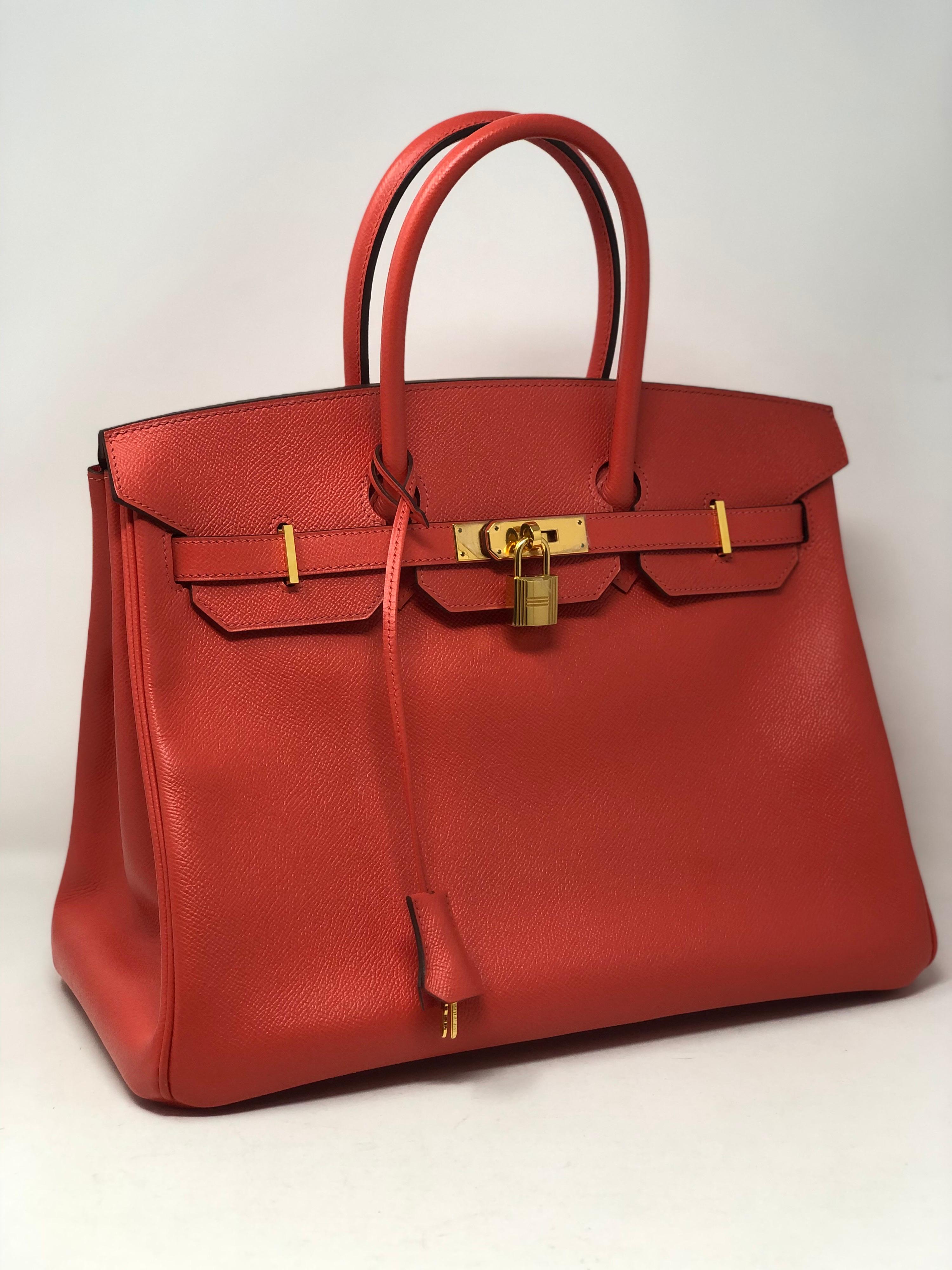 Hermes Rose Jaipur Birkin 35. Gold hardware. Epsom leather. From 2016. Like new. Never used. Still has plastic on hardware. Beautiful rose pink color. Includes clochette, lock, keys and dust cover. Guaranteed authentic. 