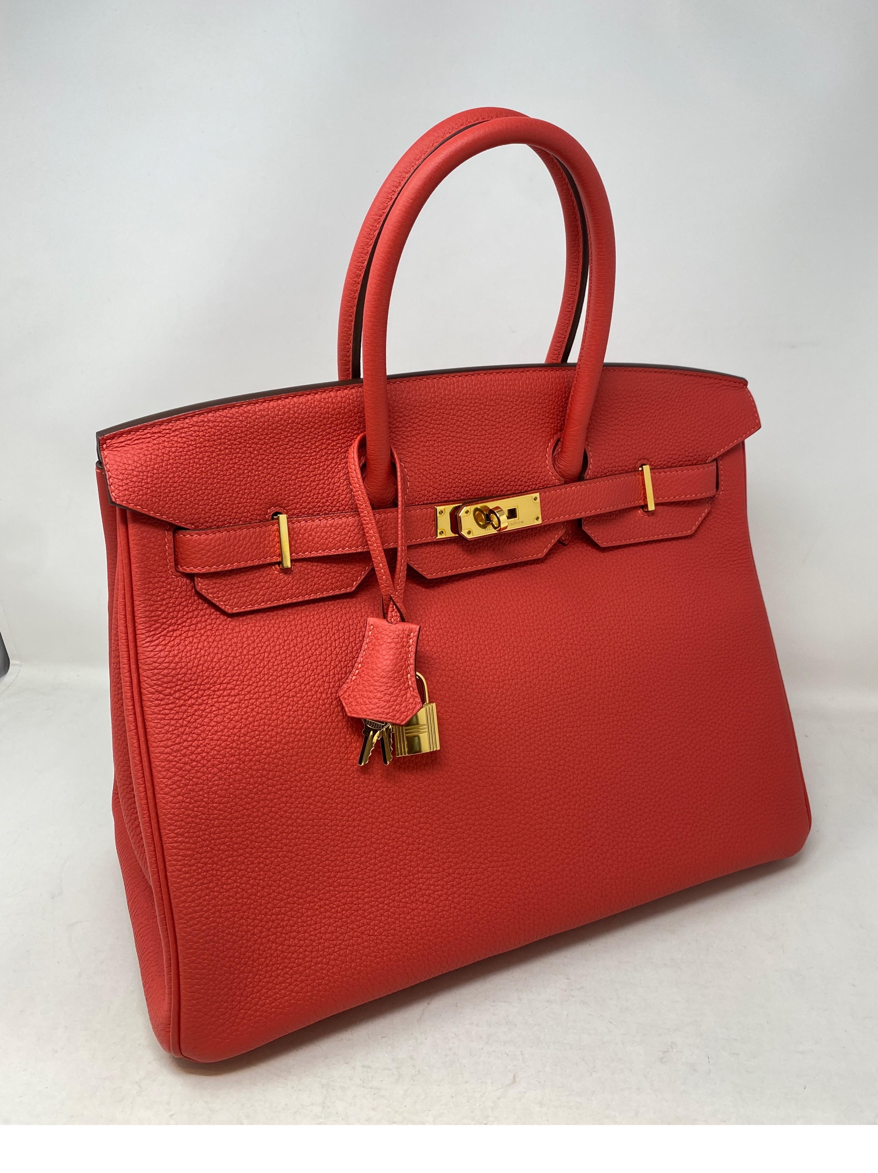 Hermes Rose Pivoine Birkin 35 Bag. Beautiful Spring and Summer color bag. Gold hardware. Rosy pink color. Gold hardware. Excellent condition looks new. Plastic is still on hardware. Includes clochette, lock, keys, and dust cover. Includes original