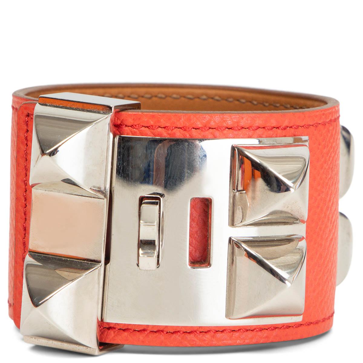 100% authentic Hermès Collier de Chien bracelet in Rose Jaipur Epsom leather with Palladium hardware. Has been worn with faint natural scratches to the hardware. Overall in excellent condition. Comes with dust bag and box. 

Measurements
Tag