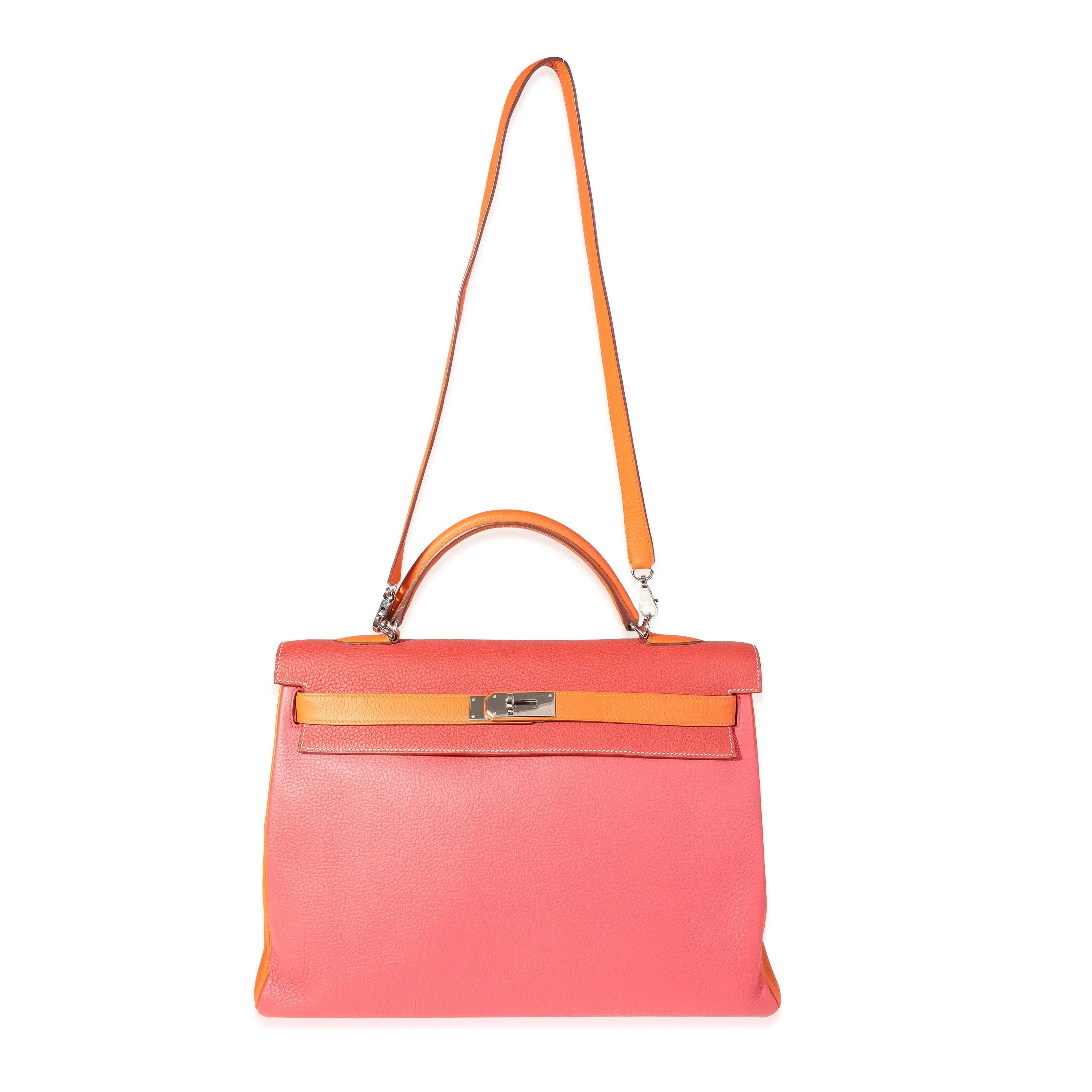 Listing Title: Hermès Rose Jaipur, Sanguine, & Orange Clèmence Retourne Kelly 40 PHW
SKU: 119006

Handbag Condition: Very Good
Condition Comments: Wear to corners and bottom. Scratches on hardware and feet. Clean interior. Missing lock, key,