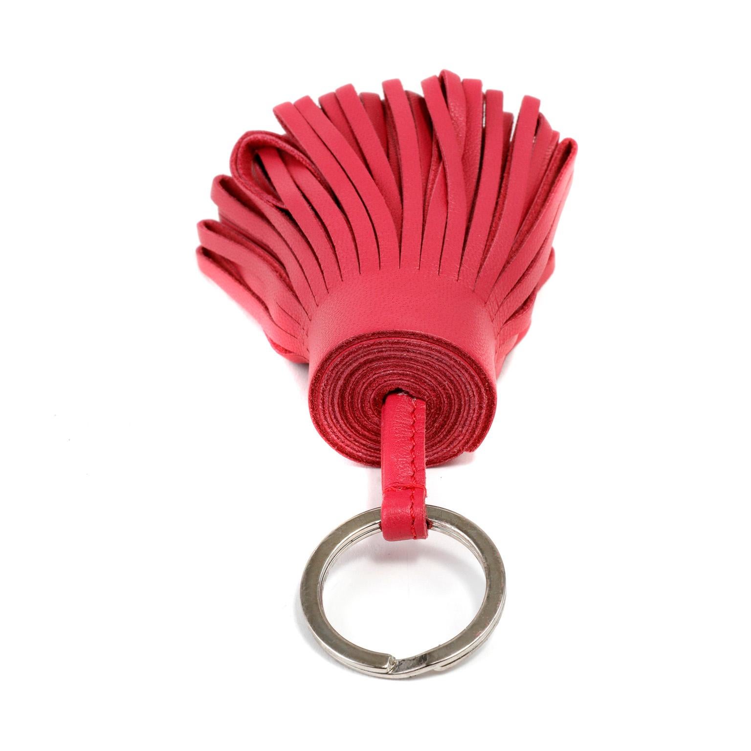 Red Hermès Rose Leather Tassel Key Holder For Sale