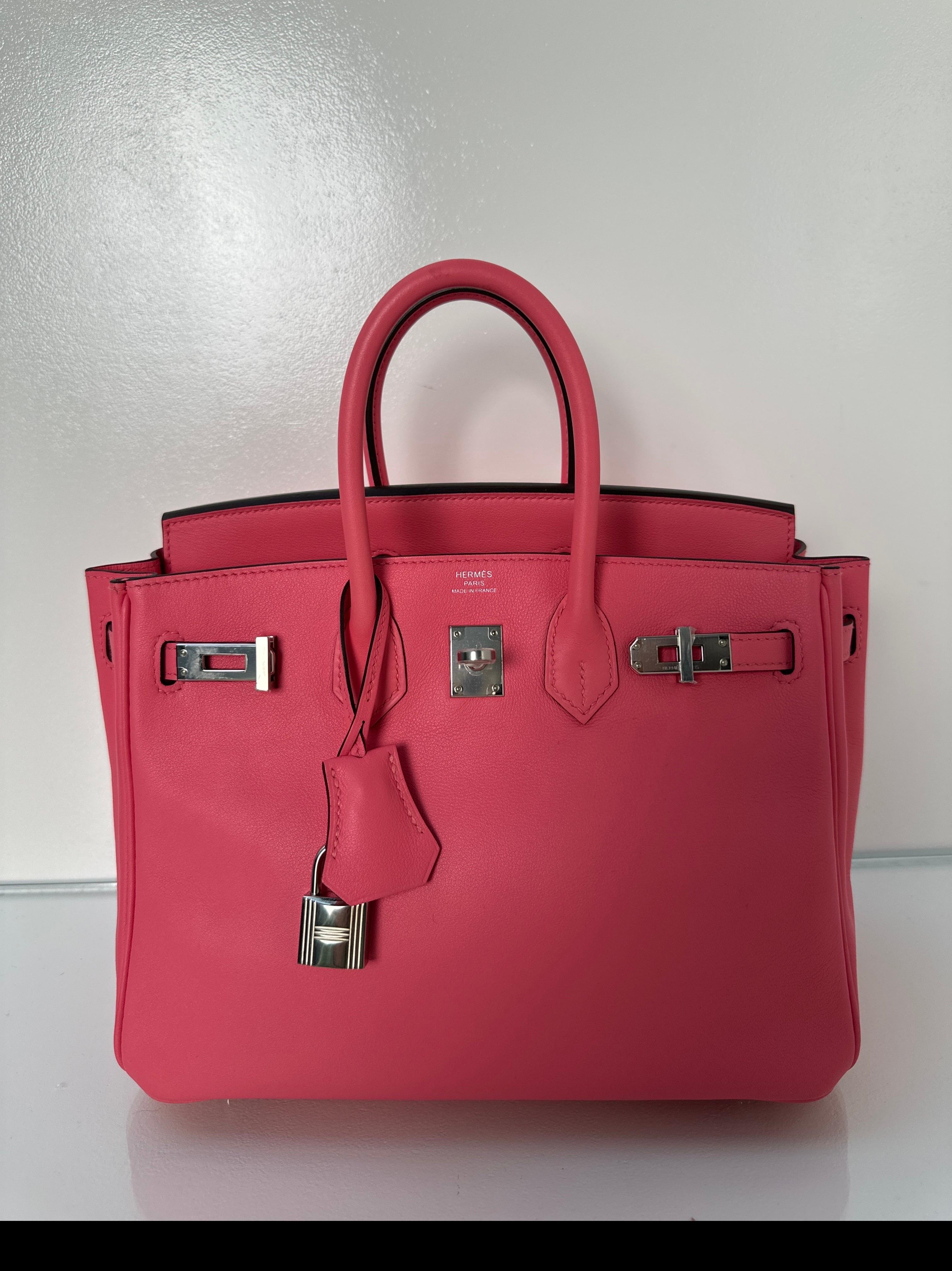 Hermes Rose Lipstick 25 Birkin Bag. A stamp. Swift leather. Palladium hardware. Excellent condition. Light spot on one handle. Please see photos. Interior clean. Plastic is still on hardware. Size 25 is very rare and hard to get. Great investment