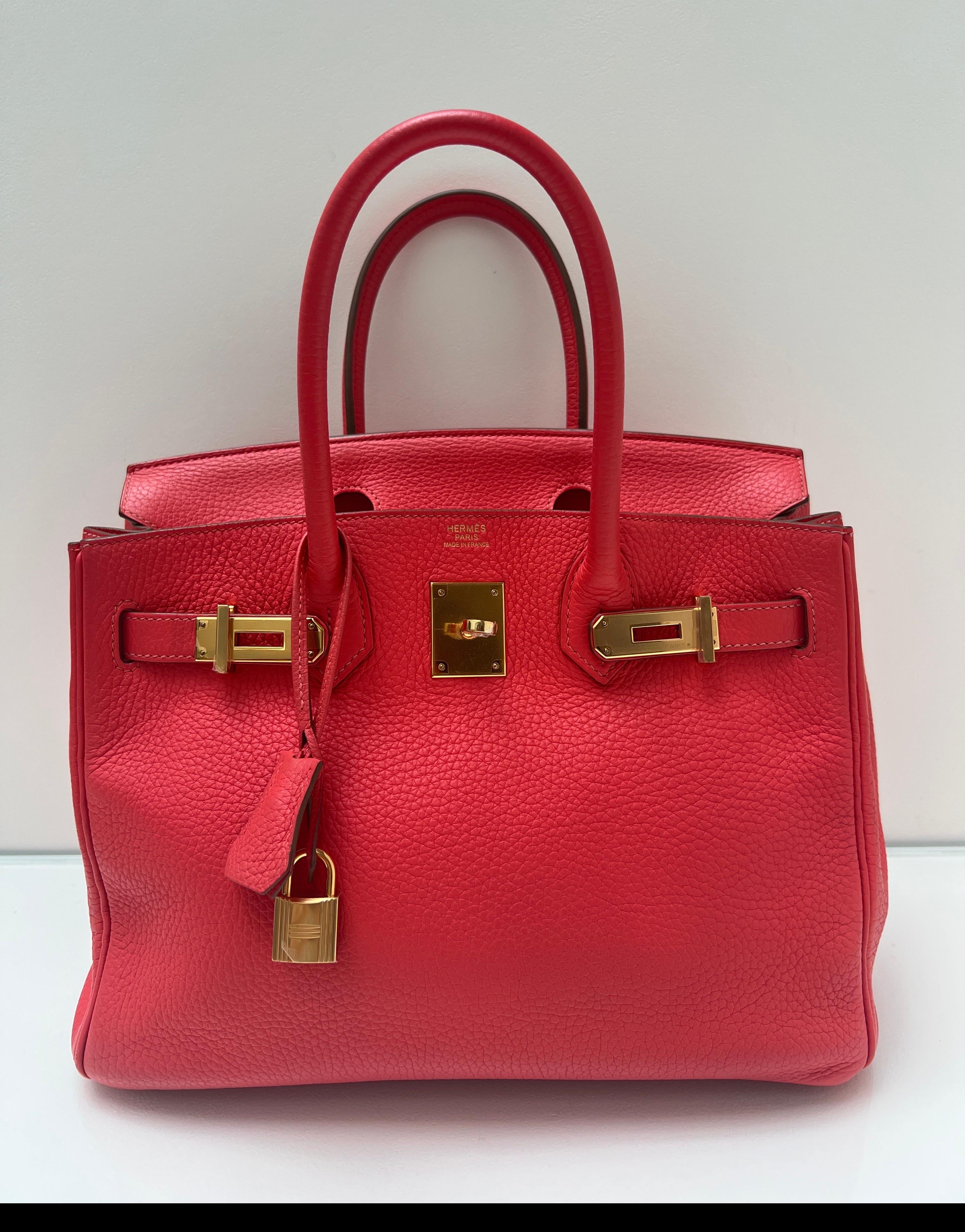 Hermes Rose Jaipur Birkin 30 Bag. Rosy red color with gold hardware. Smaller size 30 Birkin. Clemence leather. Interior clean. Includes clochette, lock, keys, and dust bag. Guaranteed authentic. 